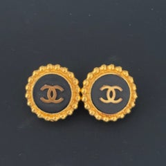 Chanel Fall 1993 Black CC Gold-Tone Round Clip-On Earrings