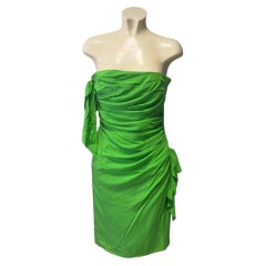 Emanuel Ungaro Parallèle 1980s Green Draped Strapless Bow Cocktail Dress