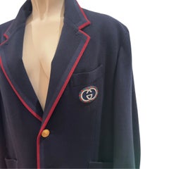 Gucci Men's Navy Wool-Cotton Blazer with Interlocking G Crest and Gold Buttons