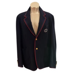 Gucci Men's Navy Wool-Cotton Blazer with Interlocking G Crest and Gold Buttons