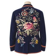 Gucci Navy Blue Velvet Blazer with Floral Embroidery on the Back