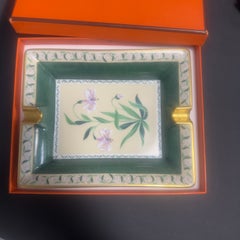 Hermès Paris vintage porcelain ashtray with a green and gold floral pattern, Made in France