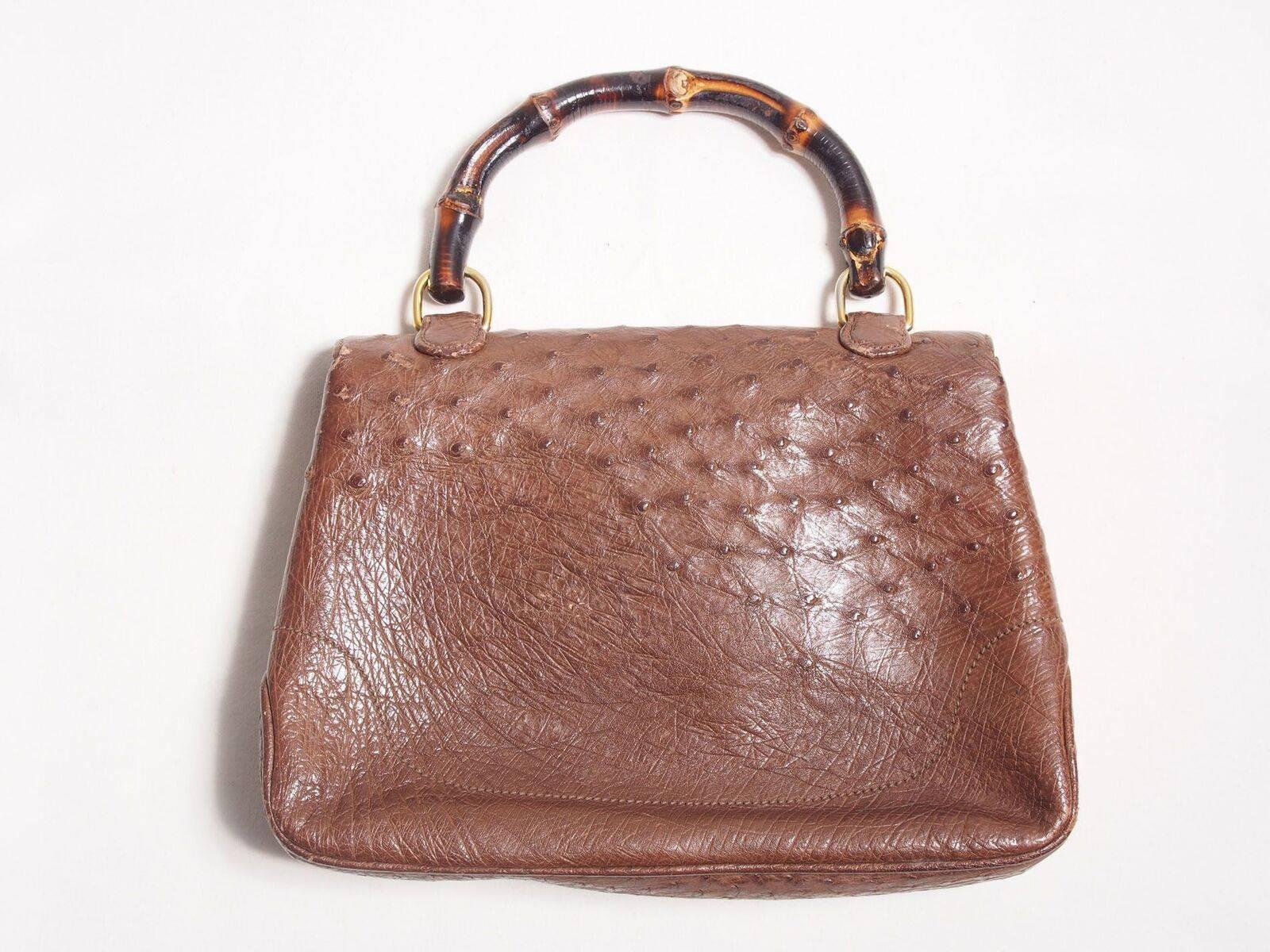 Iconic 1980s brown ostrich leather with Bamboo closure and top handle