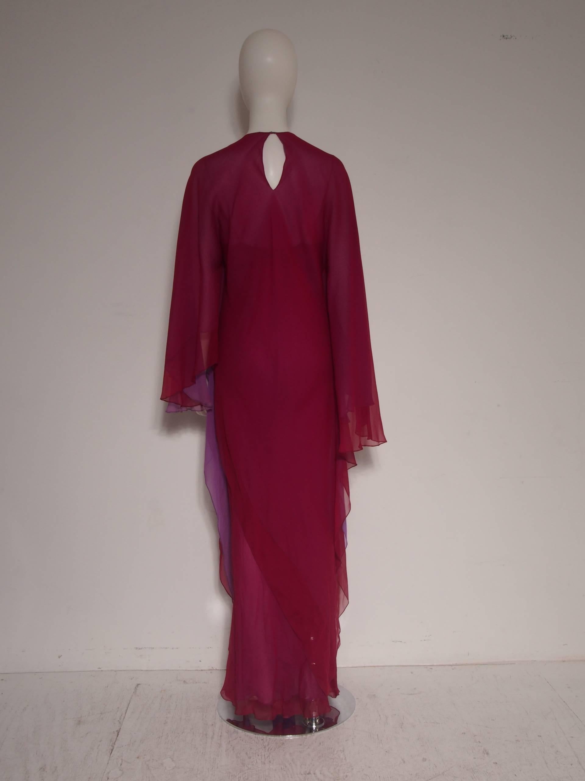 Iconic 1970s Halston maxi-slip dress and handkerchief hemline caftan set in fuchsia and amethyst.