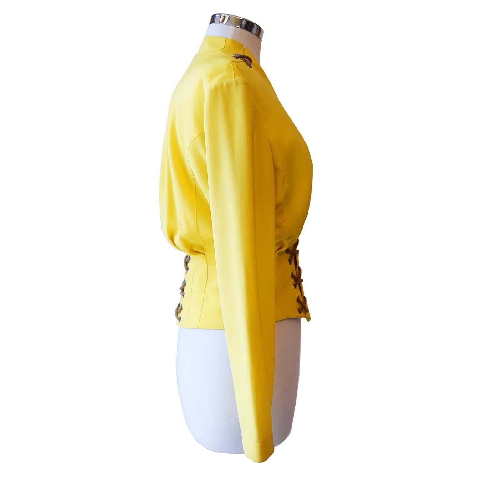 Brown Thierry Mugler vintage iconic canary yellow fitted rope jacket size S For Sale