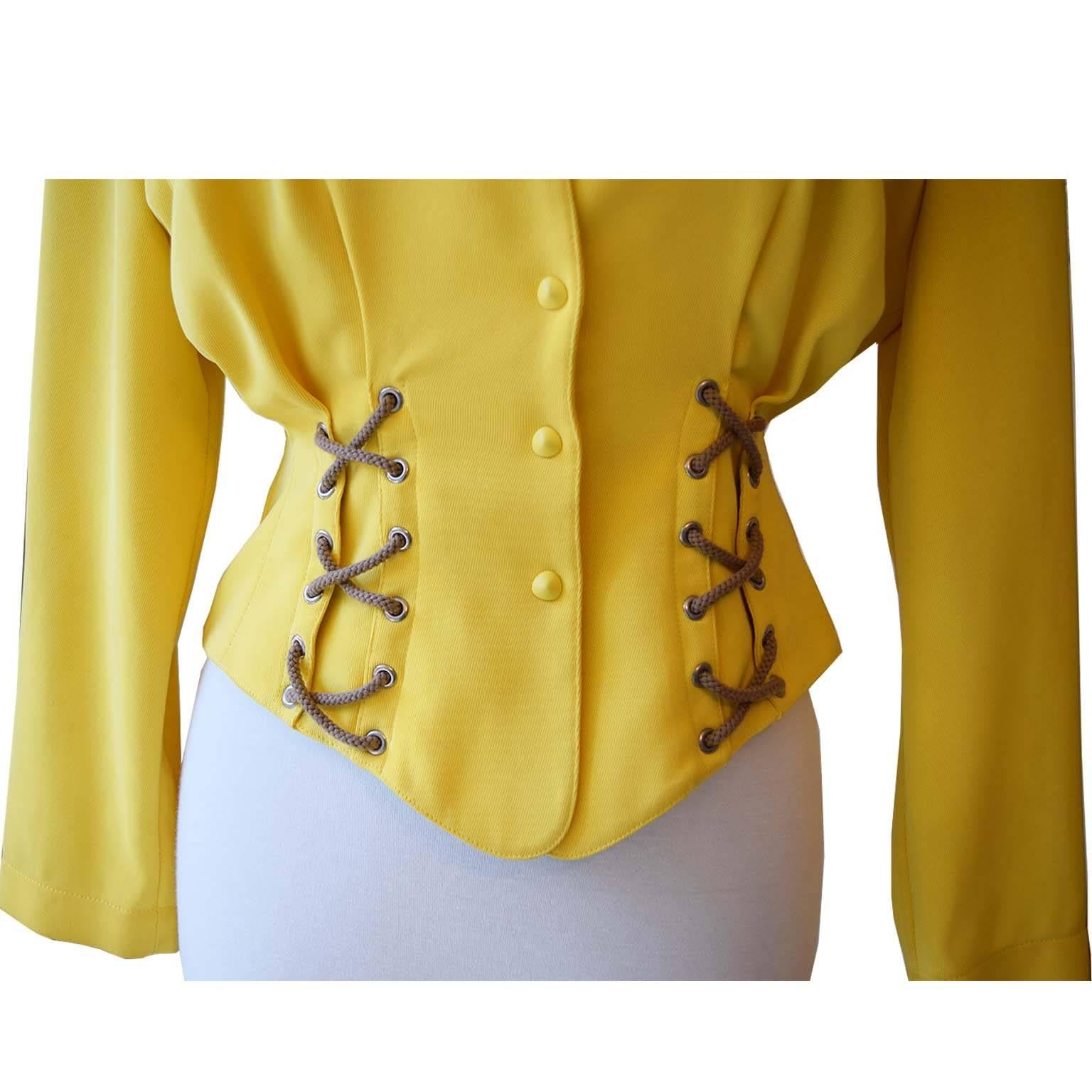 Thierry Mugler vintage iconic canary yellow fitted rope jacket size S For Sale 1