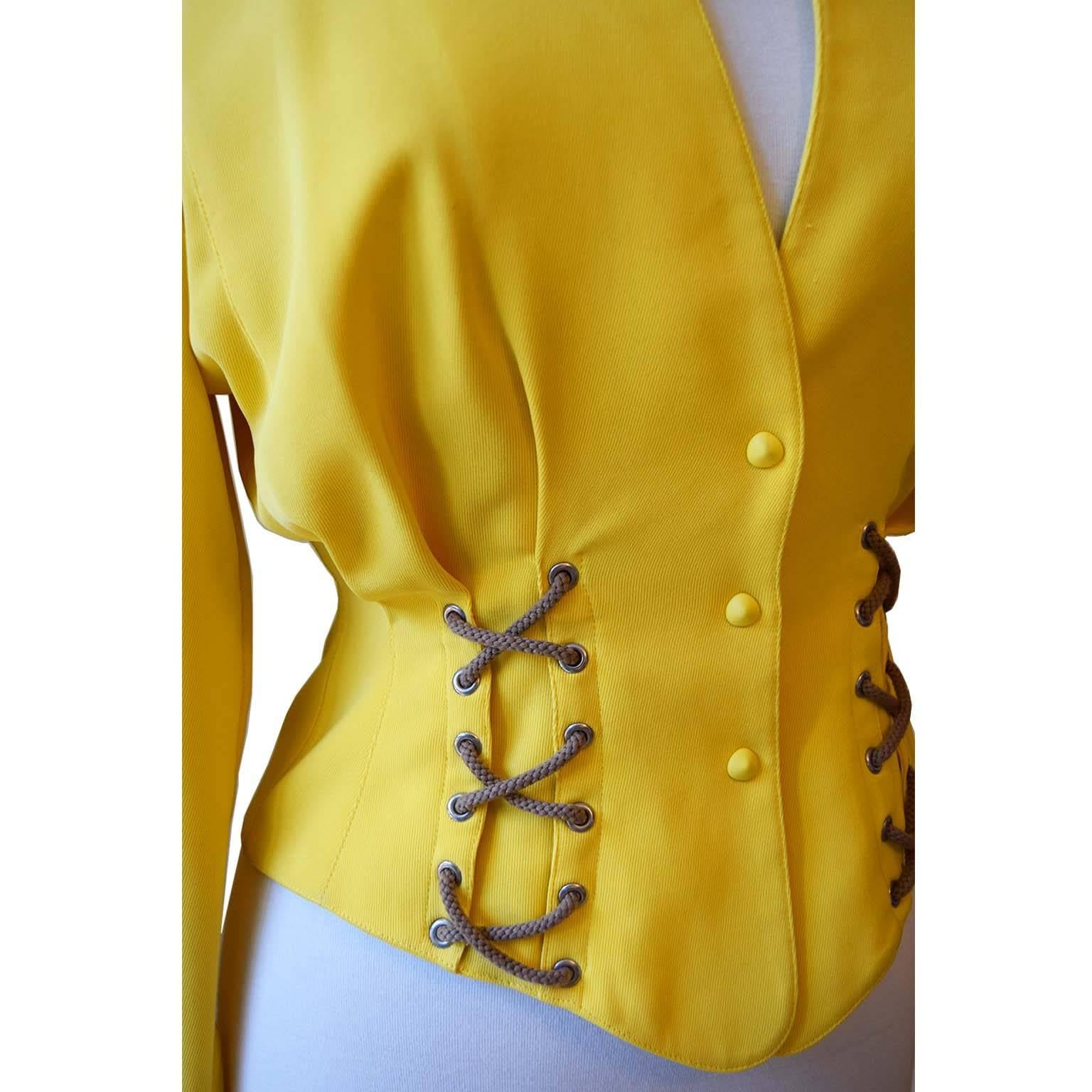 Thierry Mugler vintage iconic canary yellow fitted rope jacket size S For Sale 4