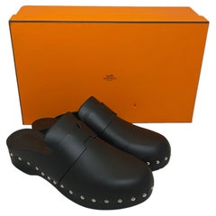 HERMES Calya Slip On Leather Clogs - Black Size 39. With box. VG Condition