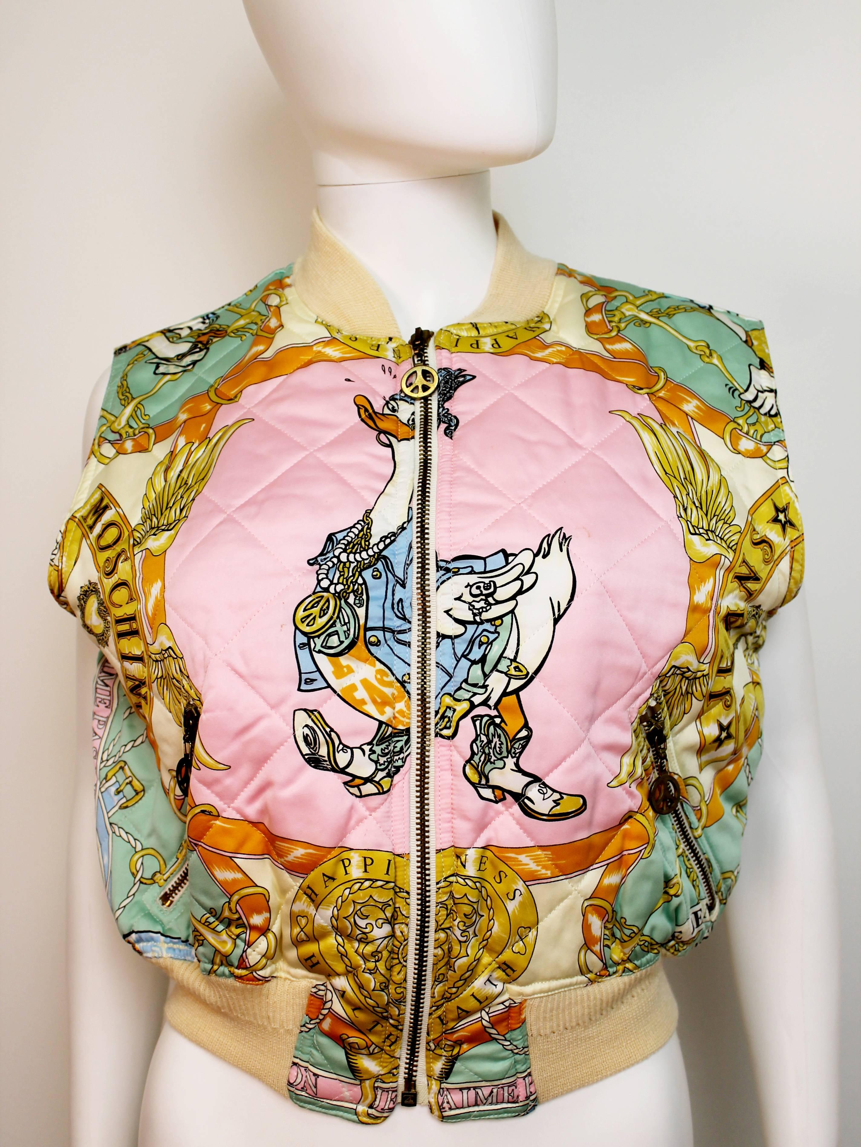 Very rare and collectible duck print quilted gilet from the early 1990's by Moschino Jeans. Features 