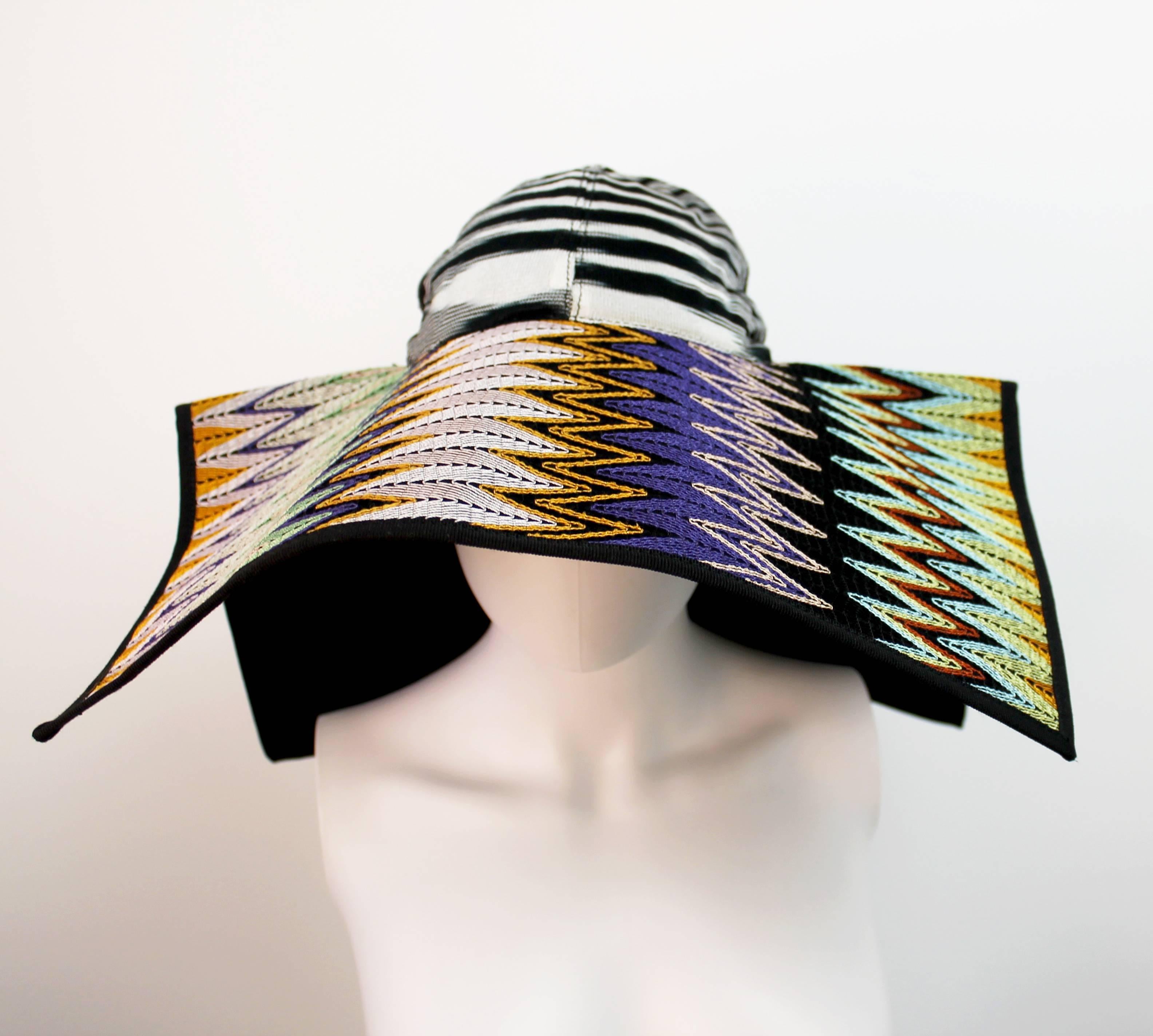 Classic Missoni sun hat from Spring/Summer 2011 featuring the brands iconic zig-zag colorful knit pattern. Is shaped like a square when lying flat.