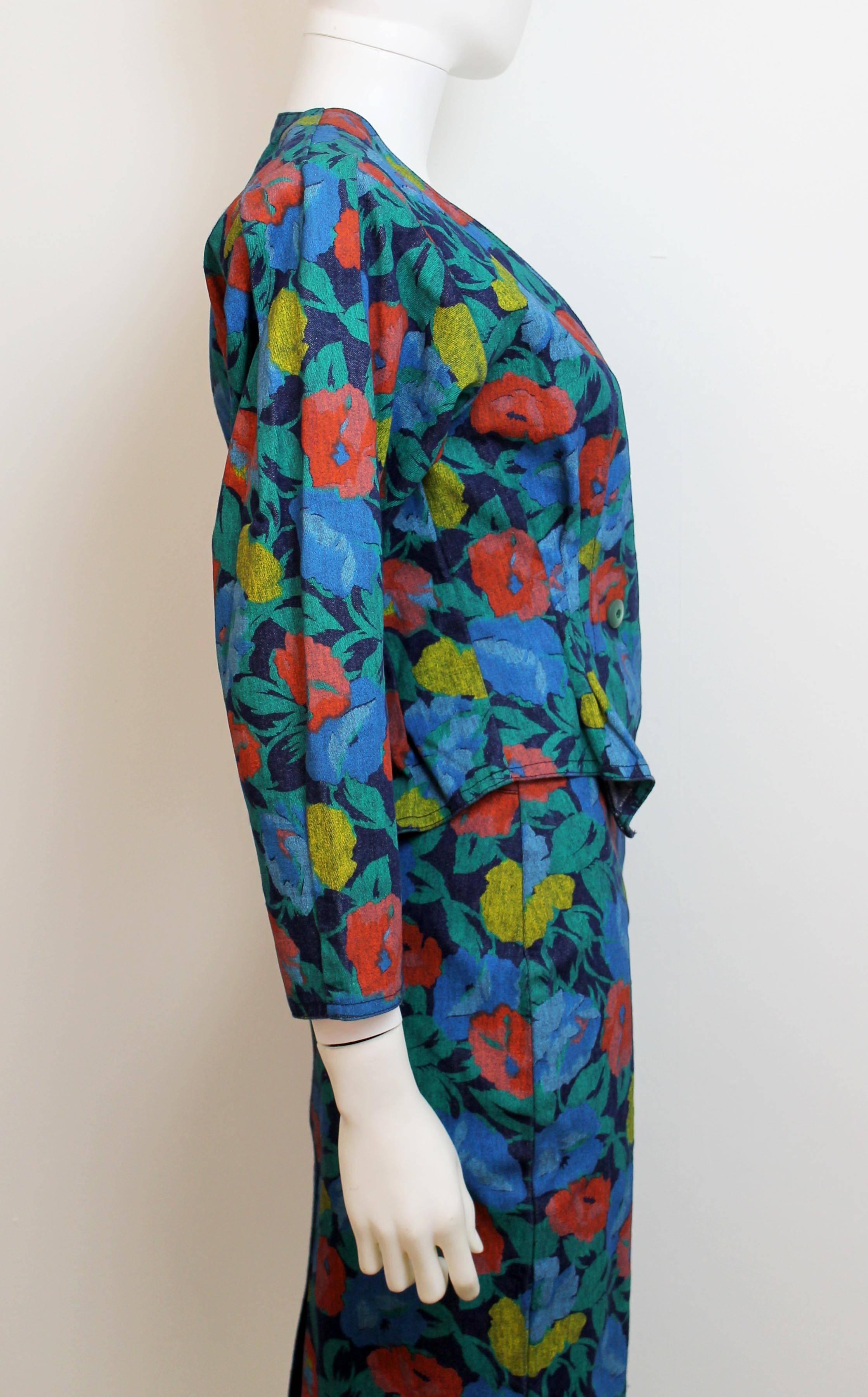 Blue Late 1980's John Galliano Two-Piece Denim Floral Skirt Suit