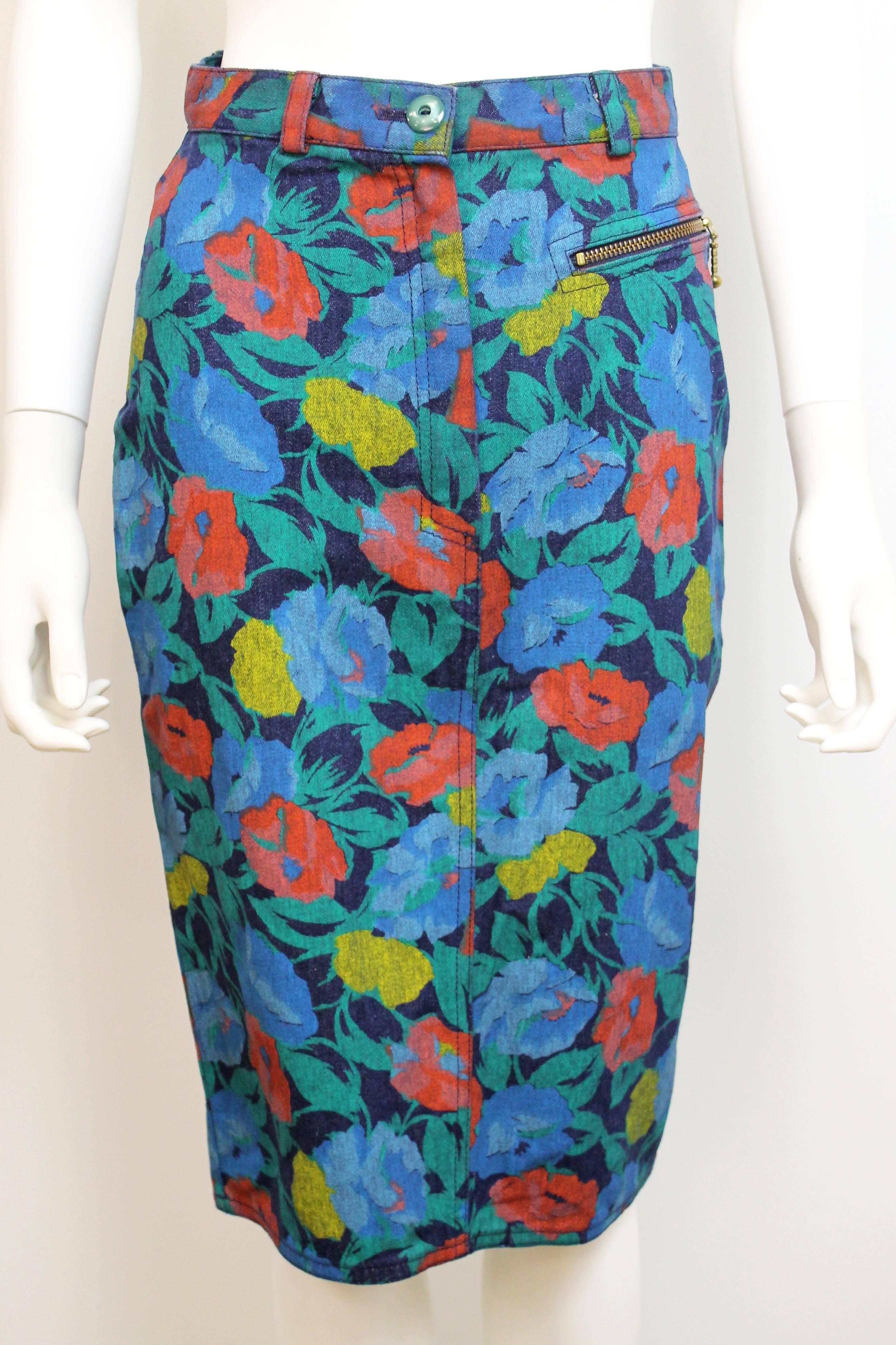 Late 1980's John Galliano Two-Piece Denim Floral Skirt Suit 3