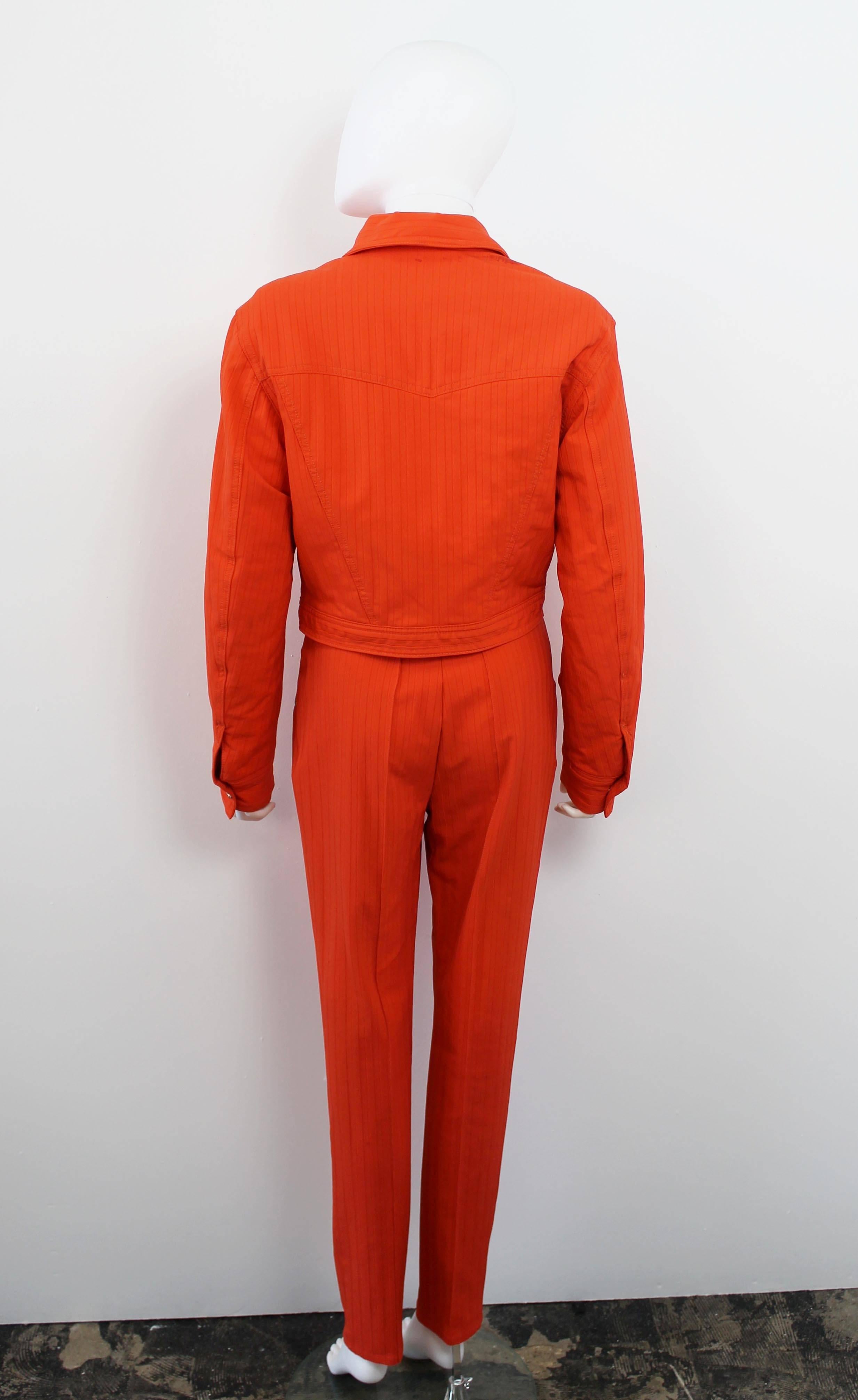 Red Early 1990's Versace Jeans Couture Orange Two-Piece Biker Suit