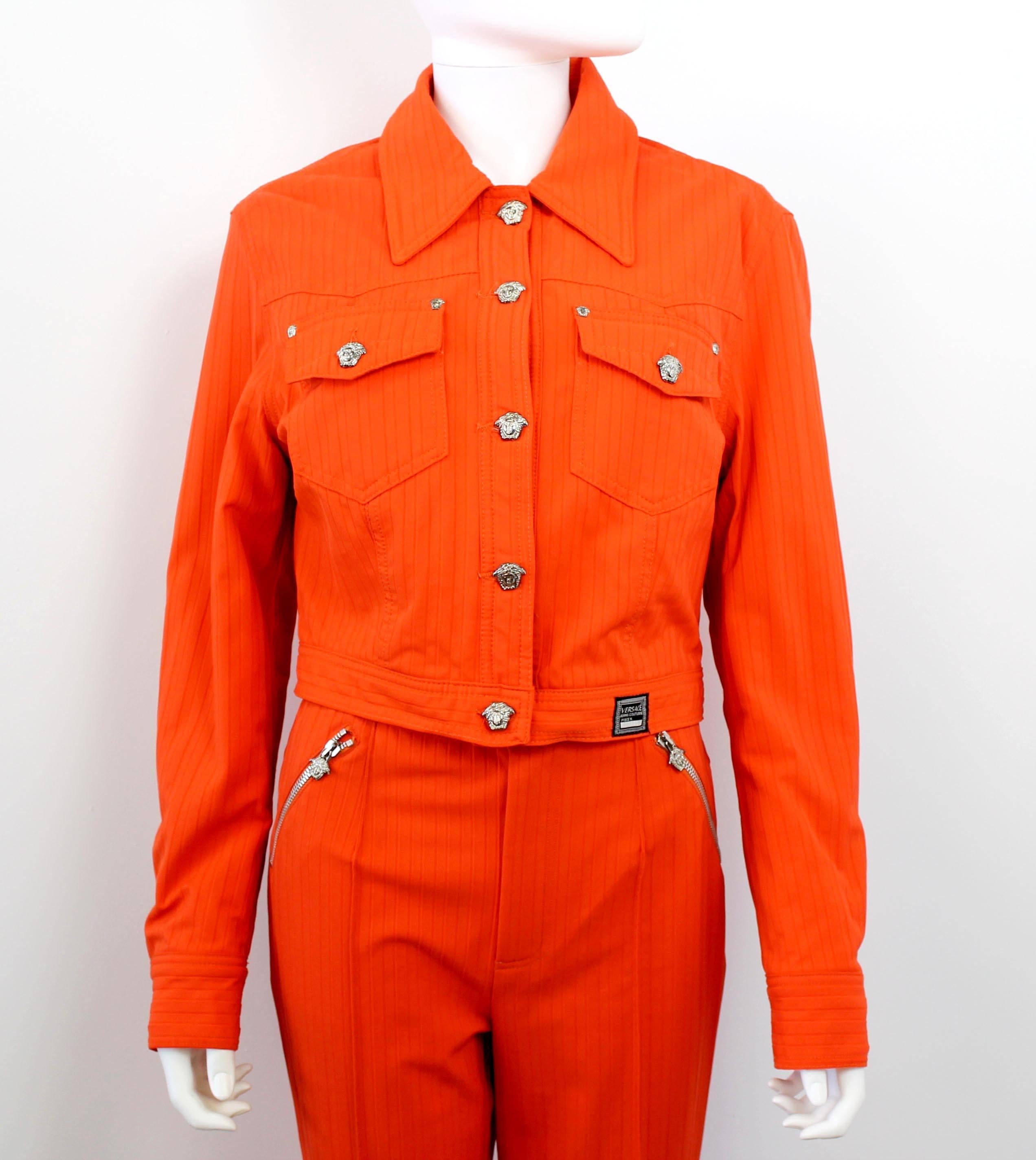 Early 1990's Versace Jeans Couture Orange Two-Piece Biker Suit In Excellent Condition In London, GB