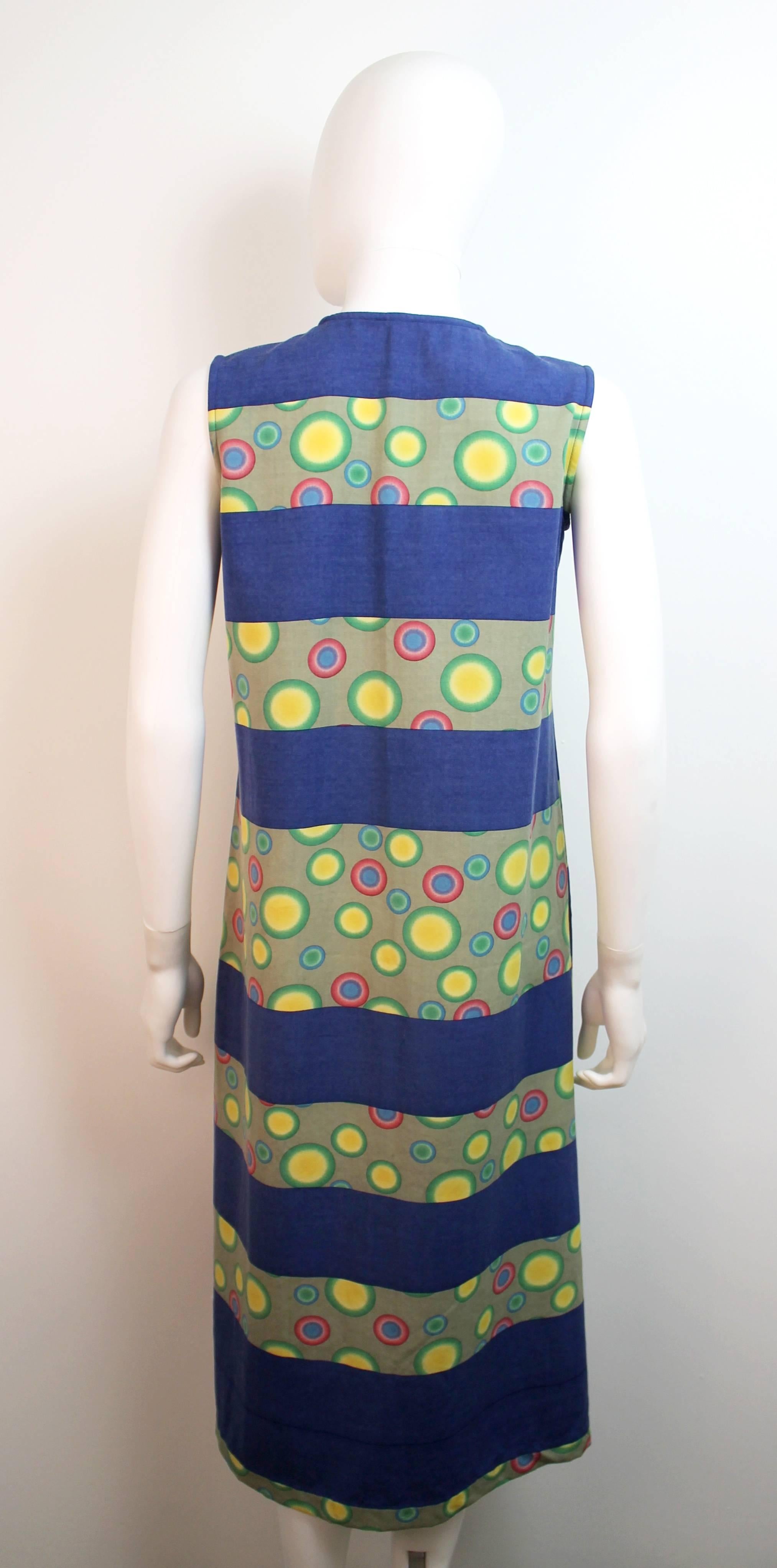 Adorable printed dress by Comme des Garcons from 2003. Features fun multi-colored bubble printed and solid blue panels.