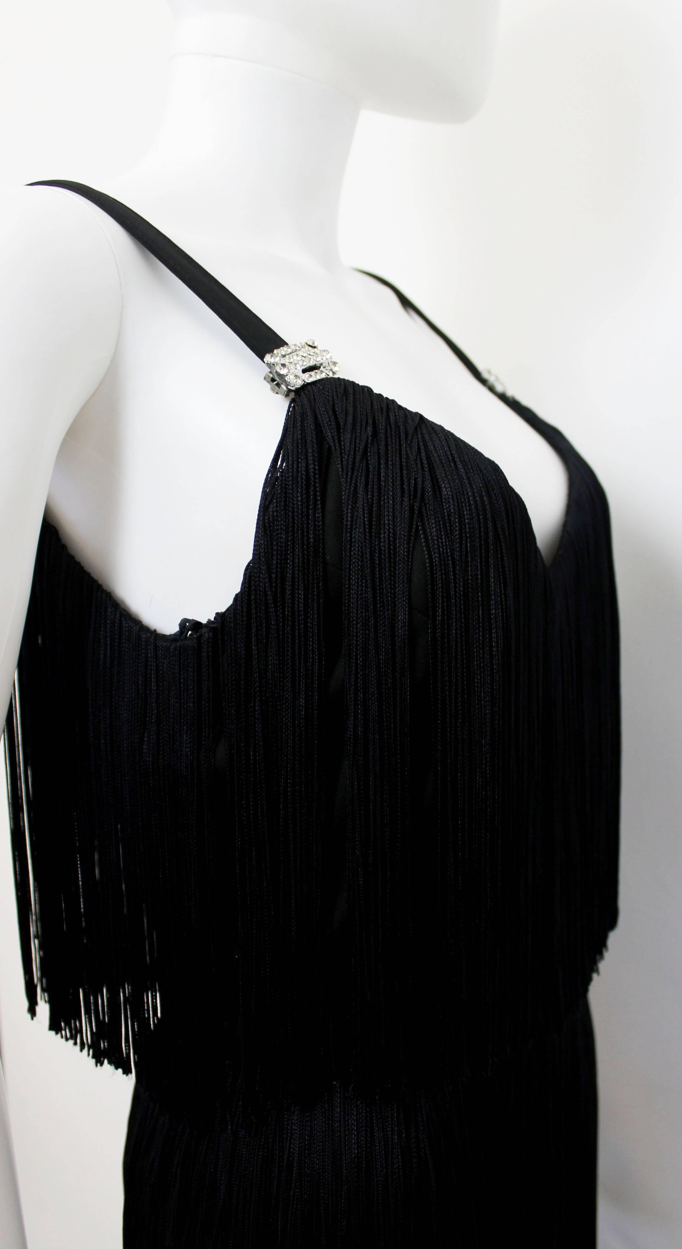 Black Marshall Russo Vegas Showgirl Long Fringe Dress c. 1979 For Sale