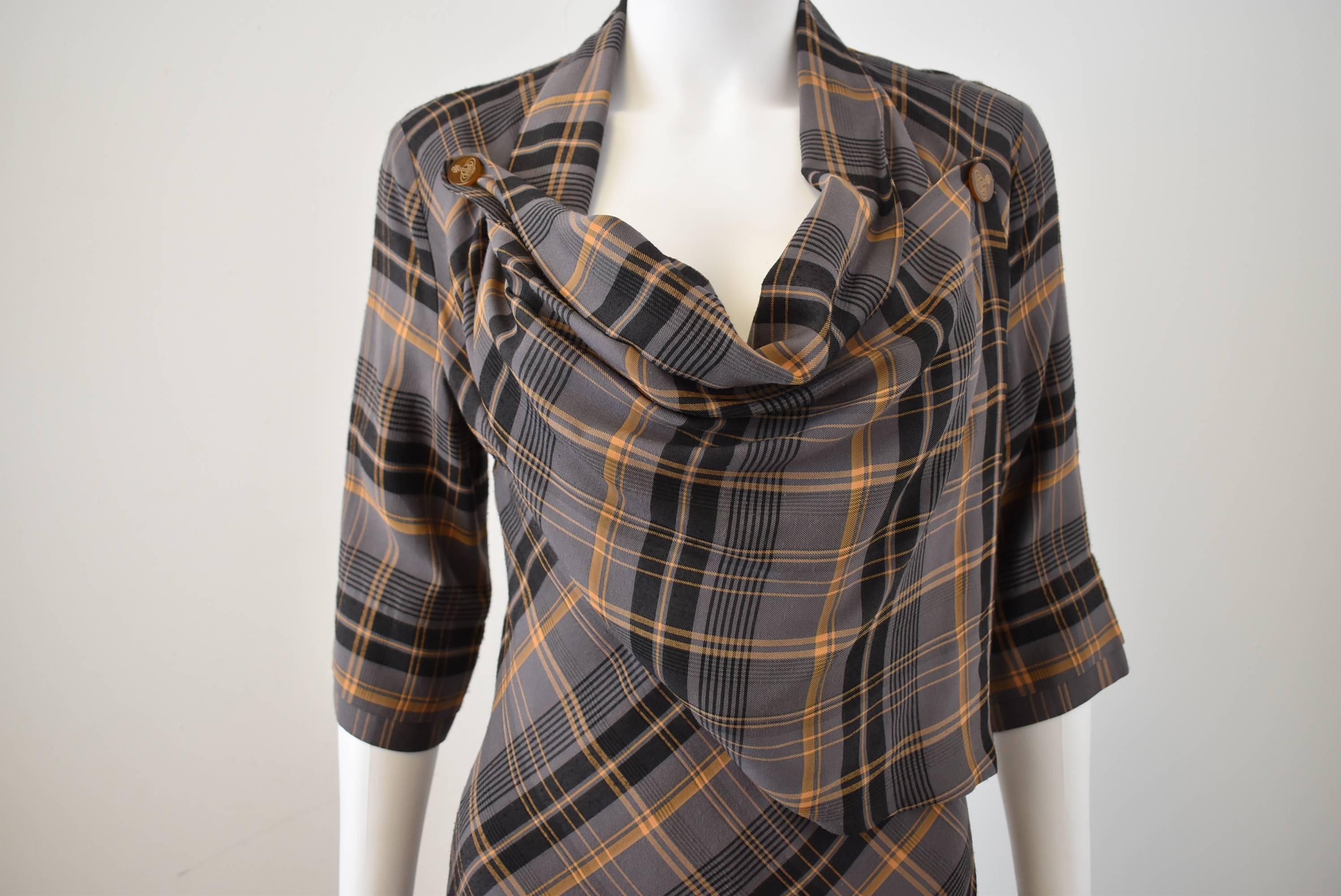 Vivienne Westwood Red Label Grey Tartan Check Dress with Cowl Neck Bib Front For Sale 2