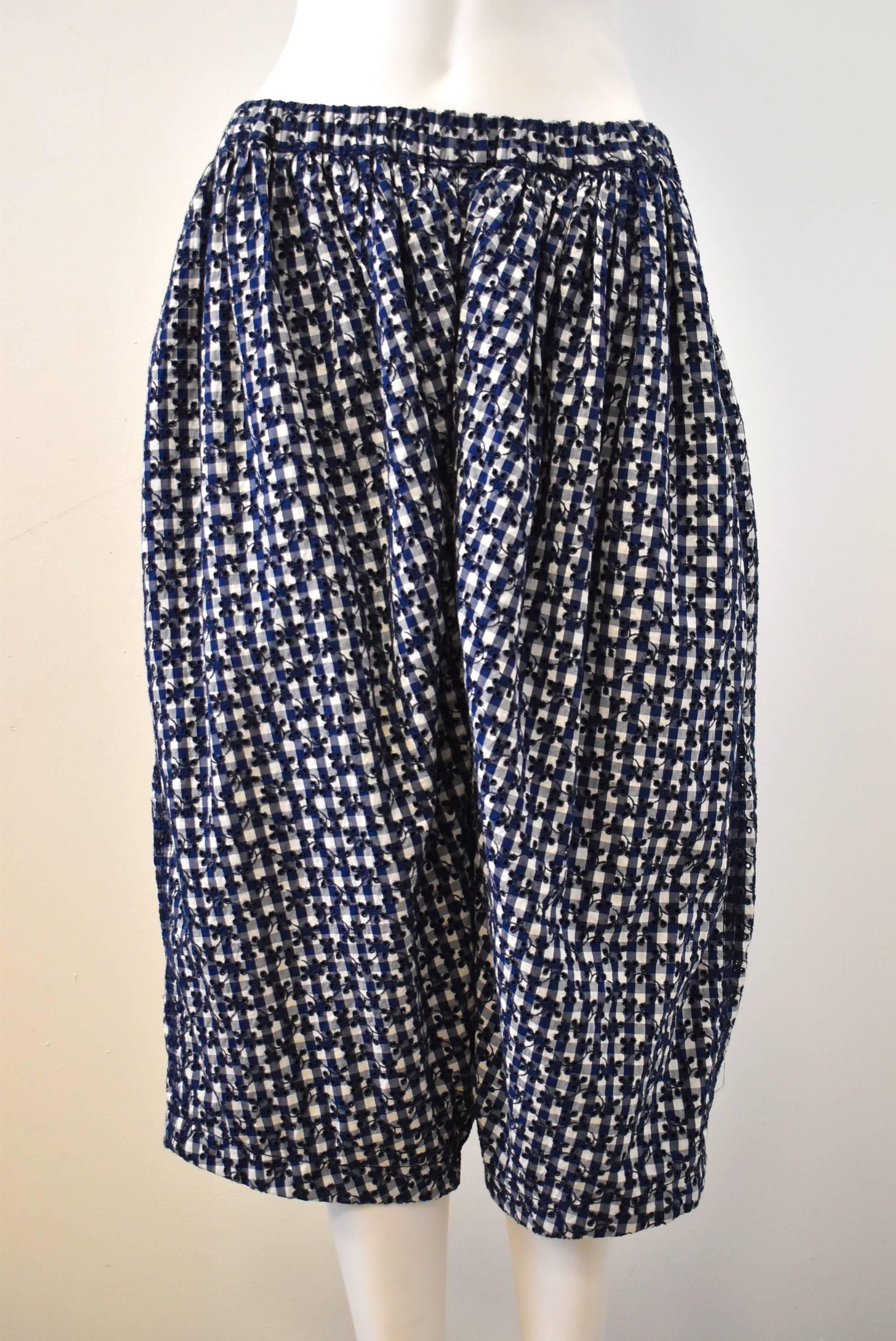 Comme des Garçons Embriodered Navy Blue Gingham Check Oversize Long Shorts 2012 In Excellent Condition In London, GB