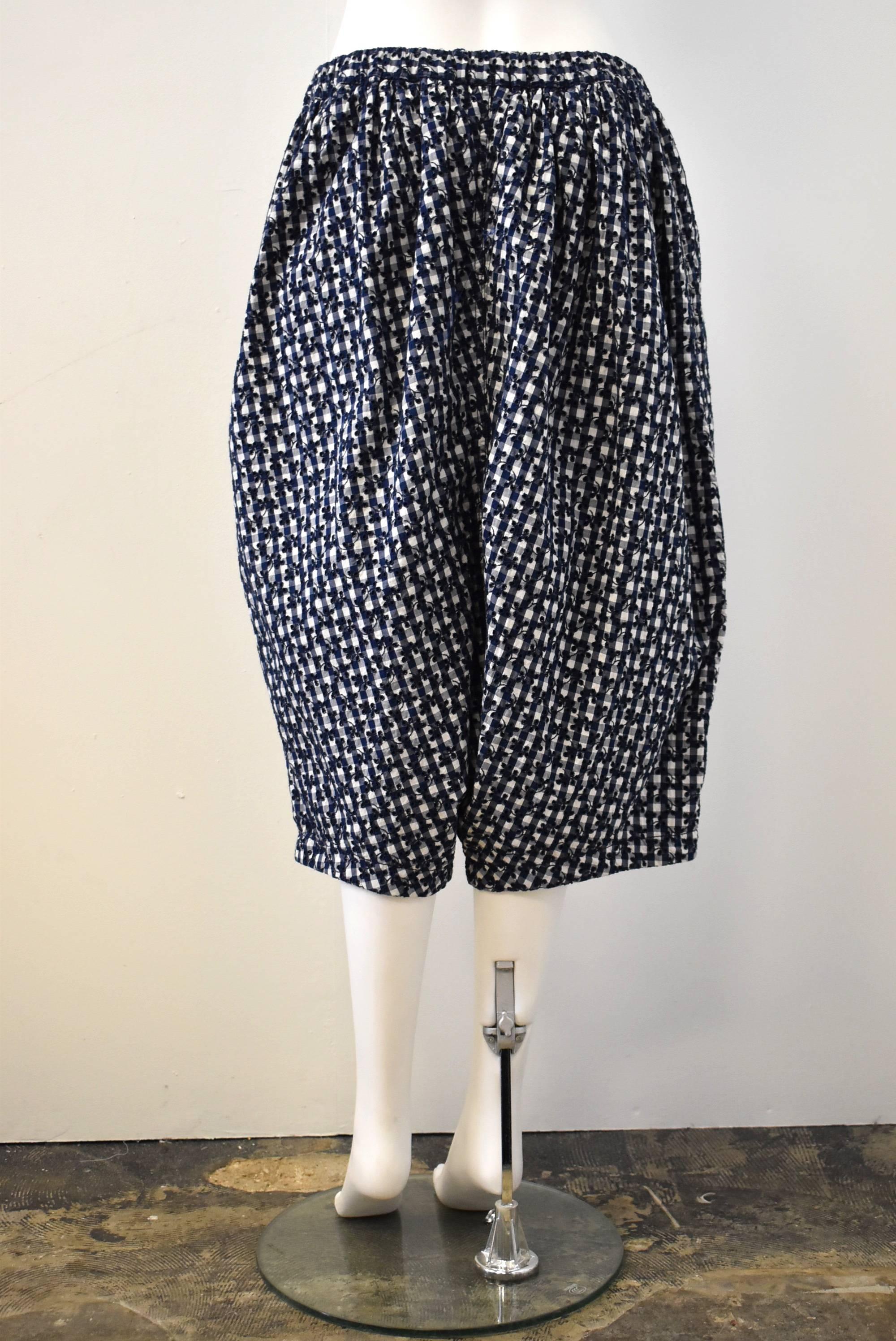 Women's Comme des Garçons Embriodered Navy Blue Gingham Check Oversize Long Shorts 2012