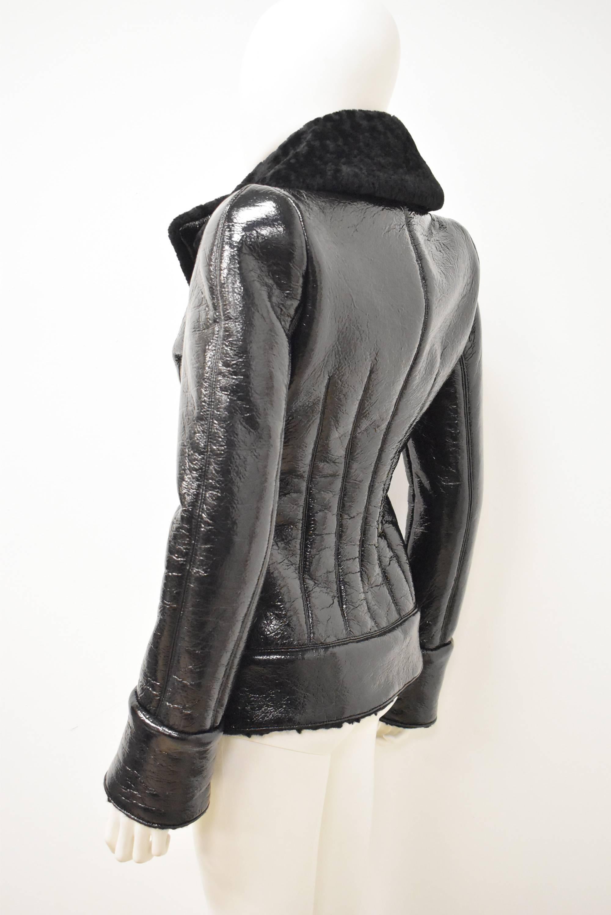 Alexander McQueen Black Double Breasted Patent Leather and Shearling Jacket In New Condition In London, GB