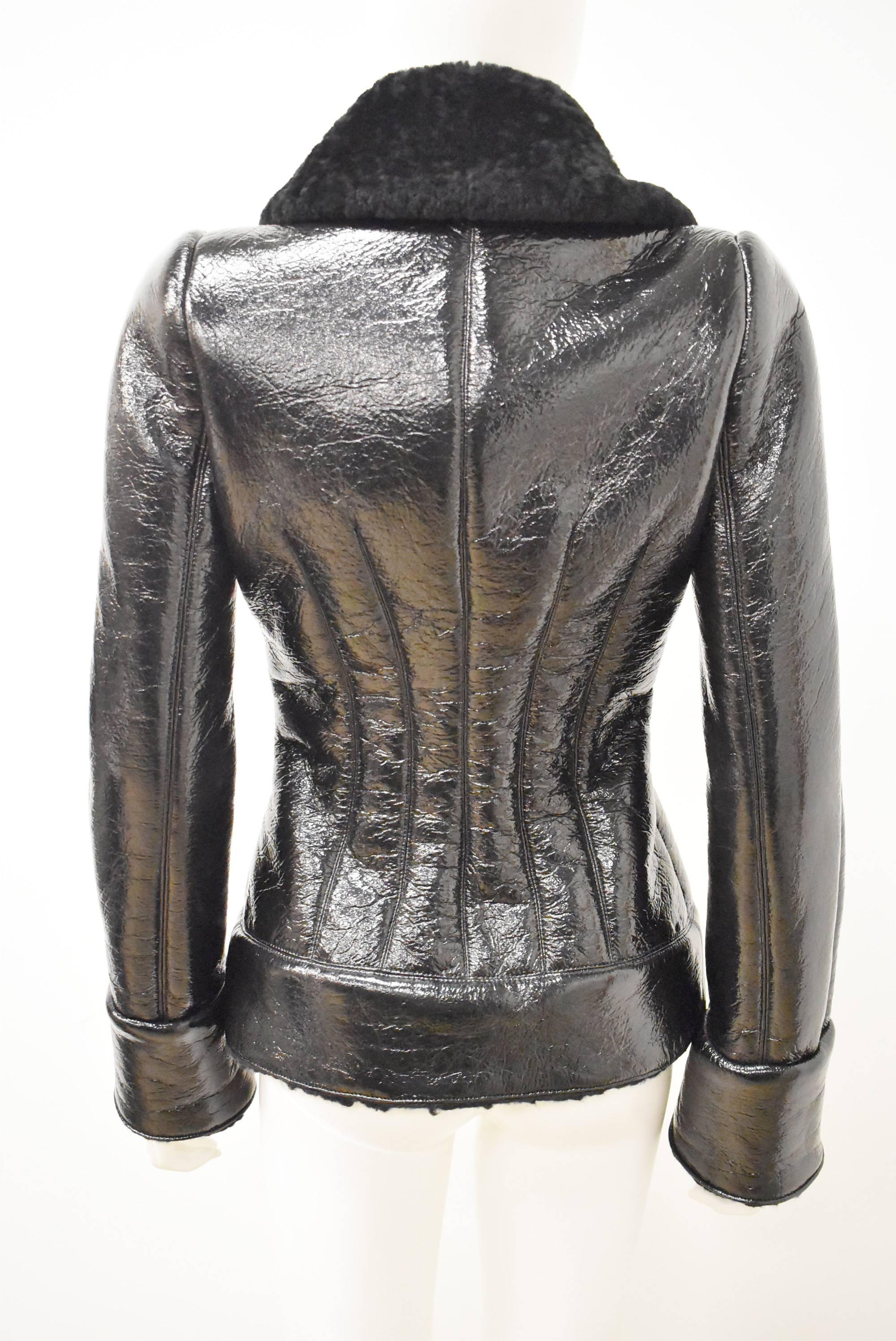 Women's Alexander McQueen Black Double Breasted Patent Leather and Shearling Jacket