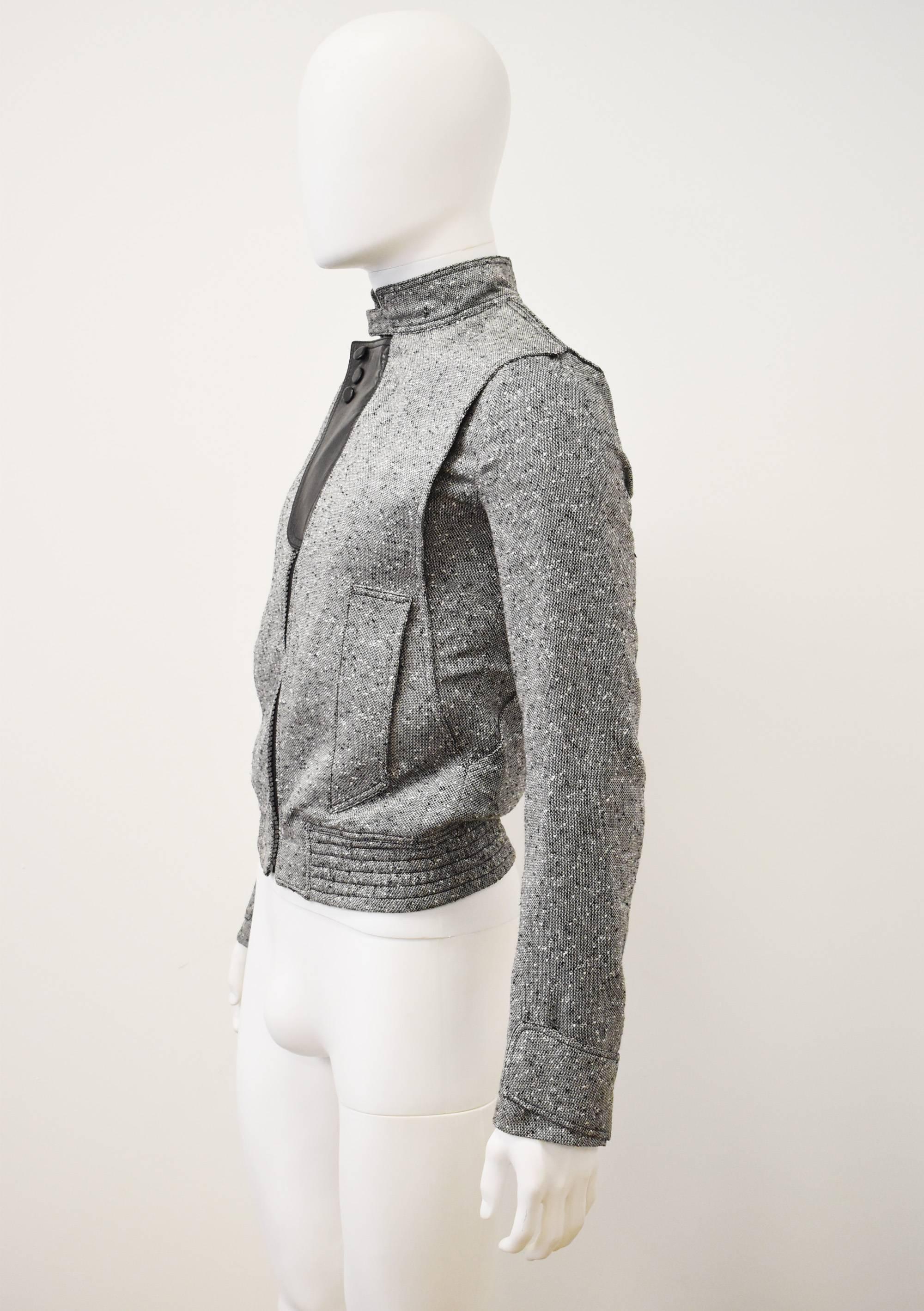Gray Dior Hedi Slimane Grey Cropped Wool and Silk Jacket with Leather Panel Details For Sale
