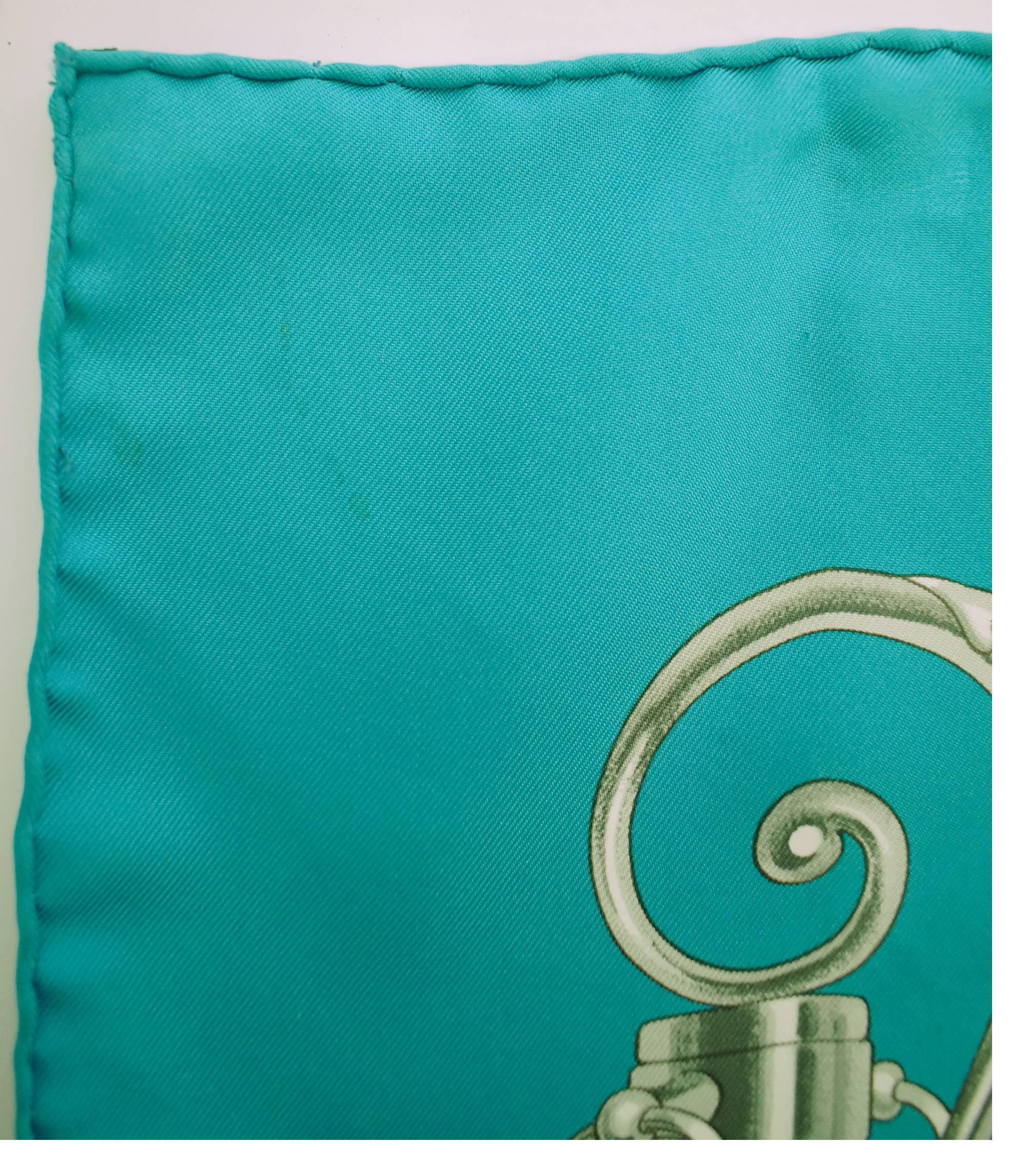 Blue Hermes Philippe Ledoux Teal “Attelage En Arbalète” Print Silk Scarf 1972