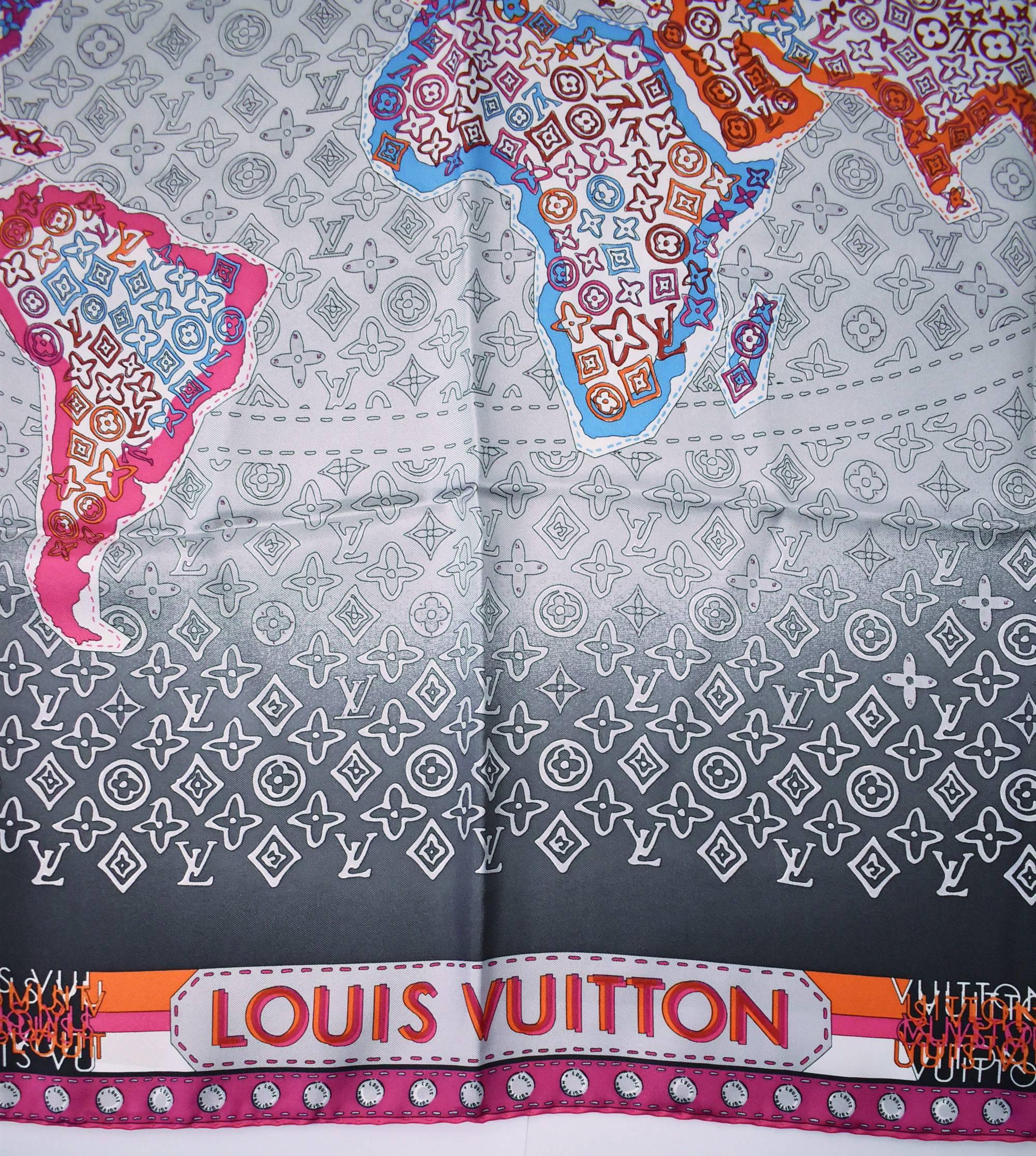 Gray Louis Vuitton ‘Monogram Map’ Print Square Silk Scarf