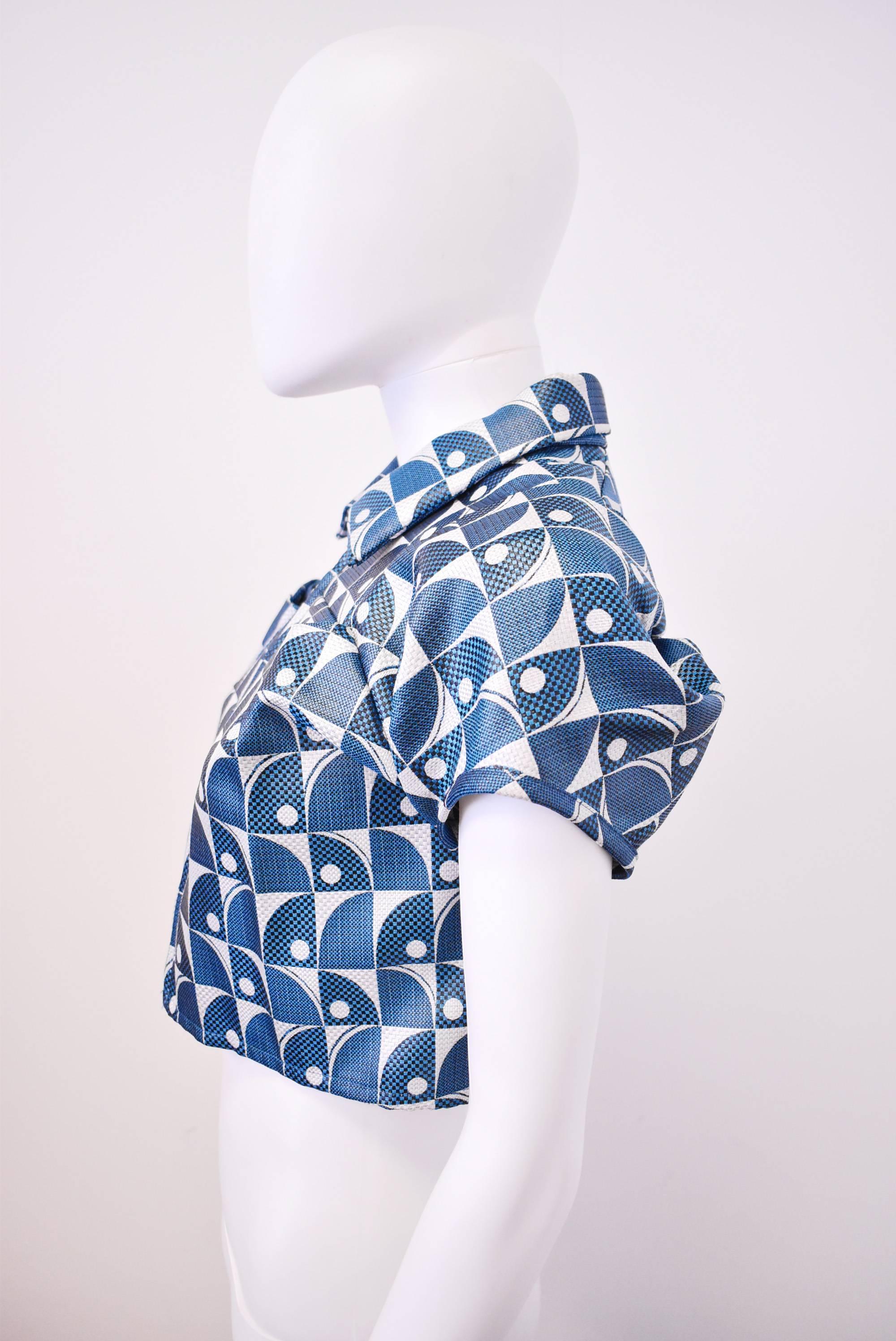 Junya Watanabe Blue and White Jacquard Geometric Print Structured Top 1995 In Excellent Condition For Sale In London, GB