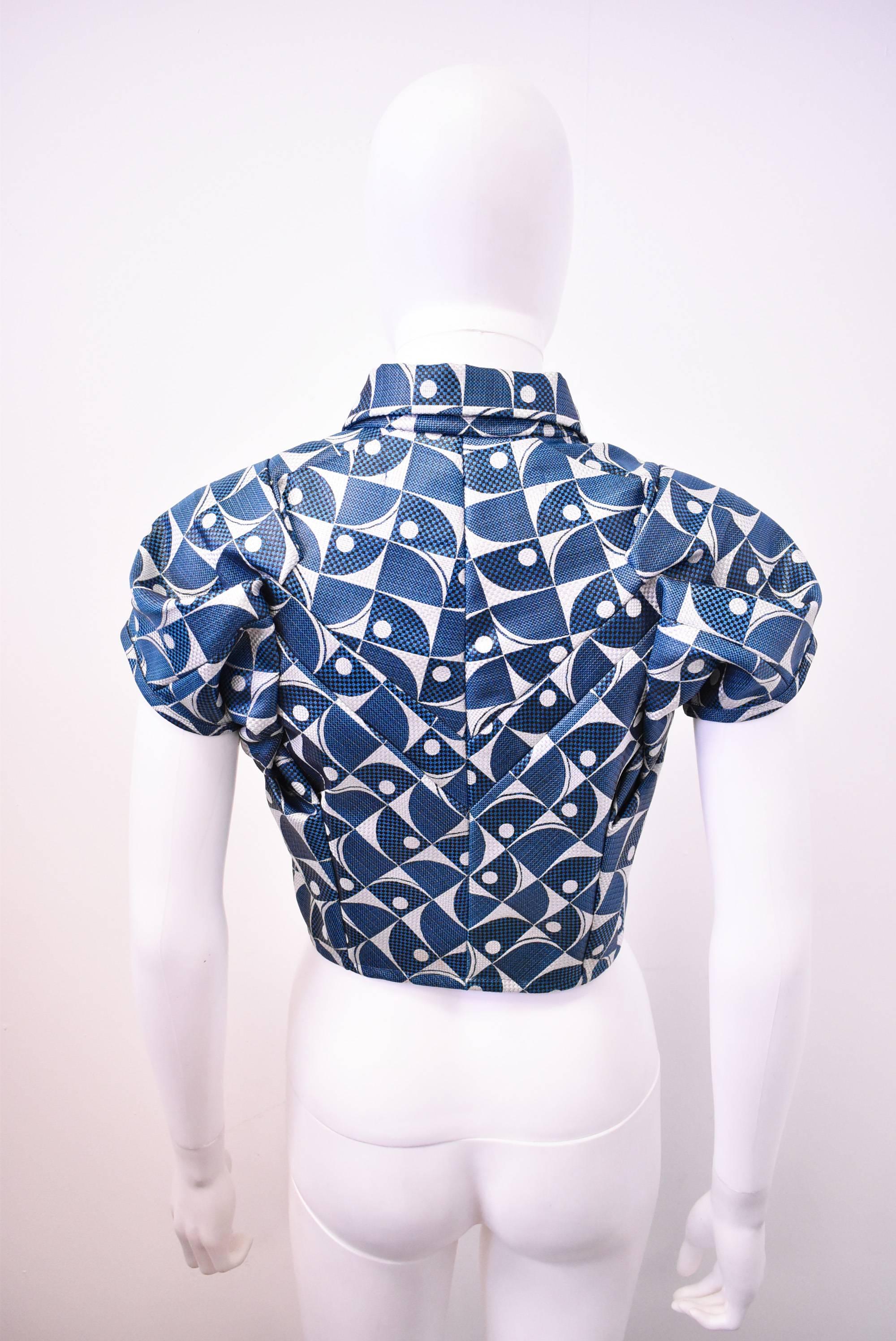 Women's Junya Watanabe Blue and White Jacquard Geometric Print Structured Top 1995 For Sale