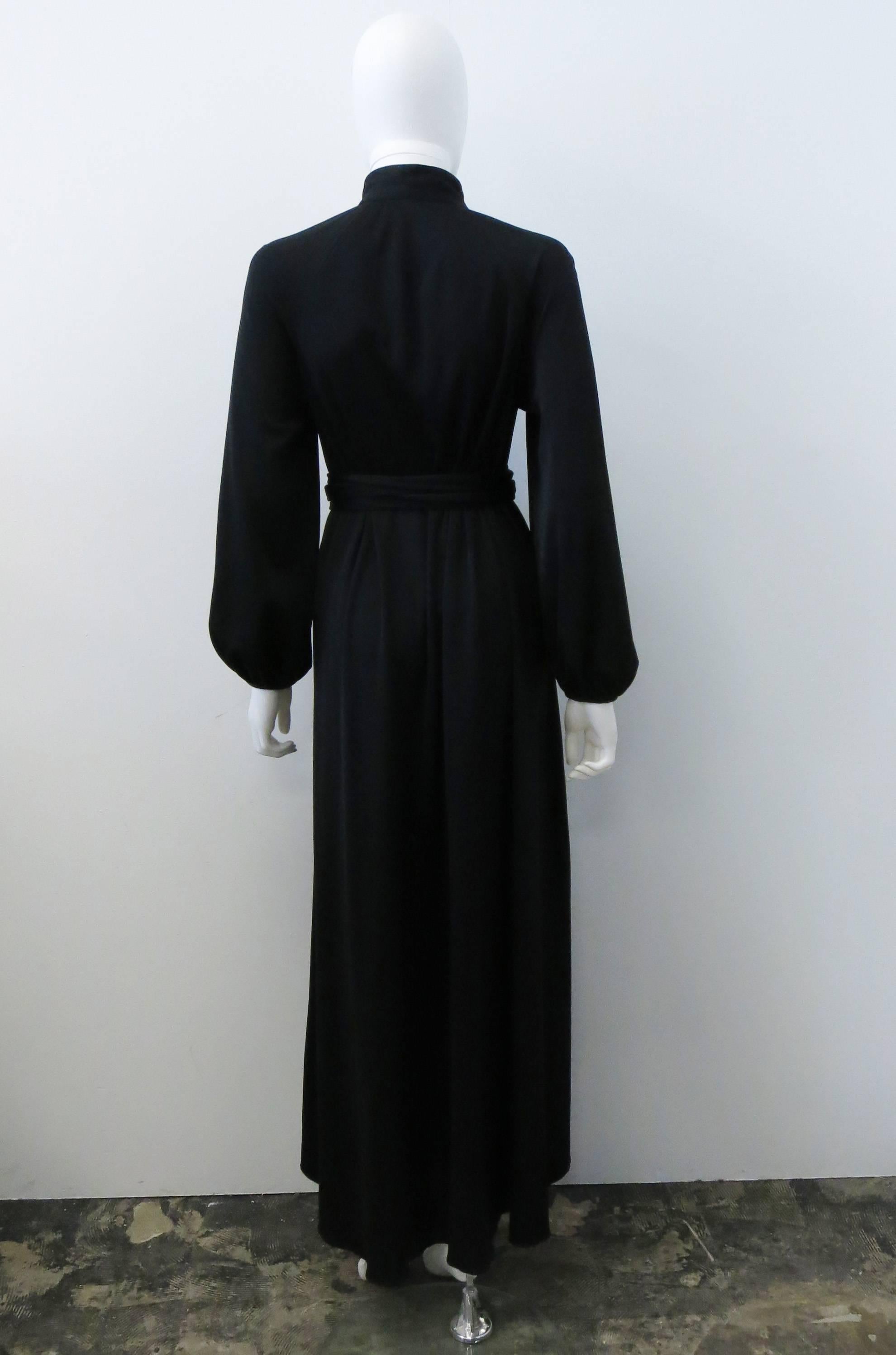 Women's 1970s Quorum Black Maxi Dress with Bell Sleeves and Tie Waist Belt