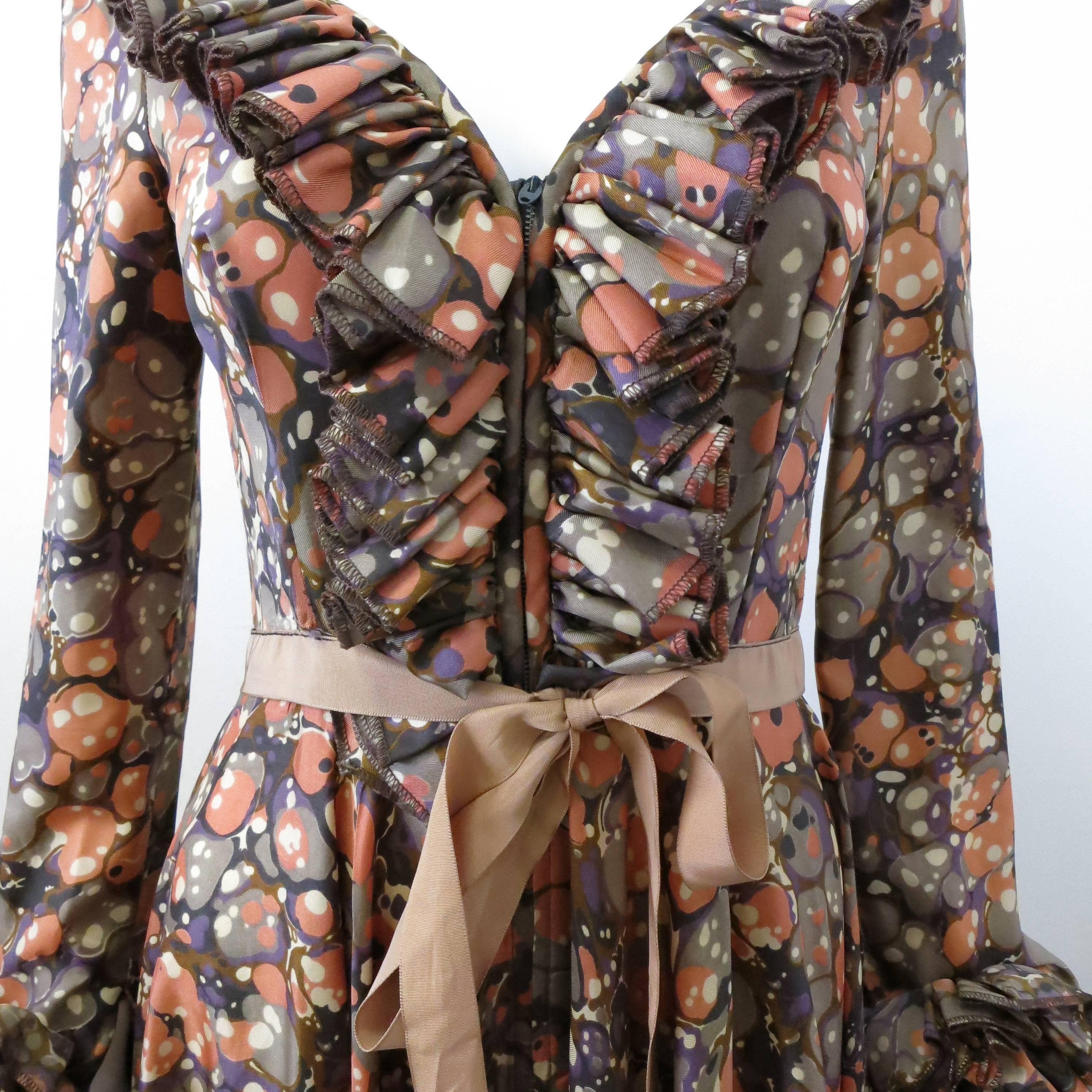 1970s Jean Varon Psychedelic Orange Print Ruffle Collar Dress 1