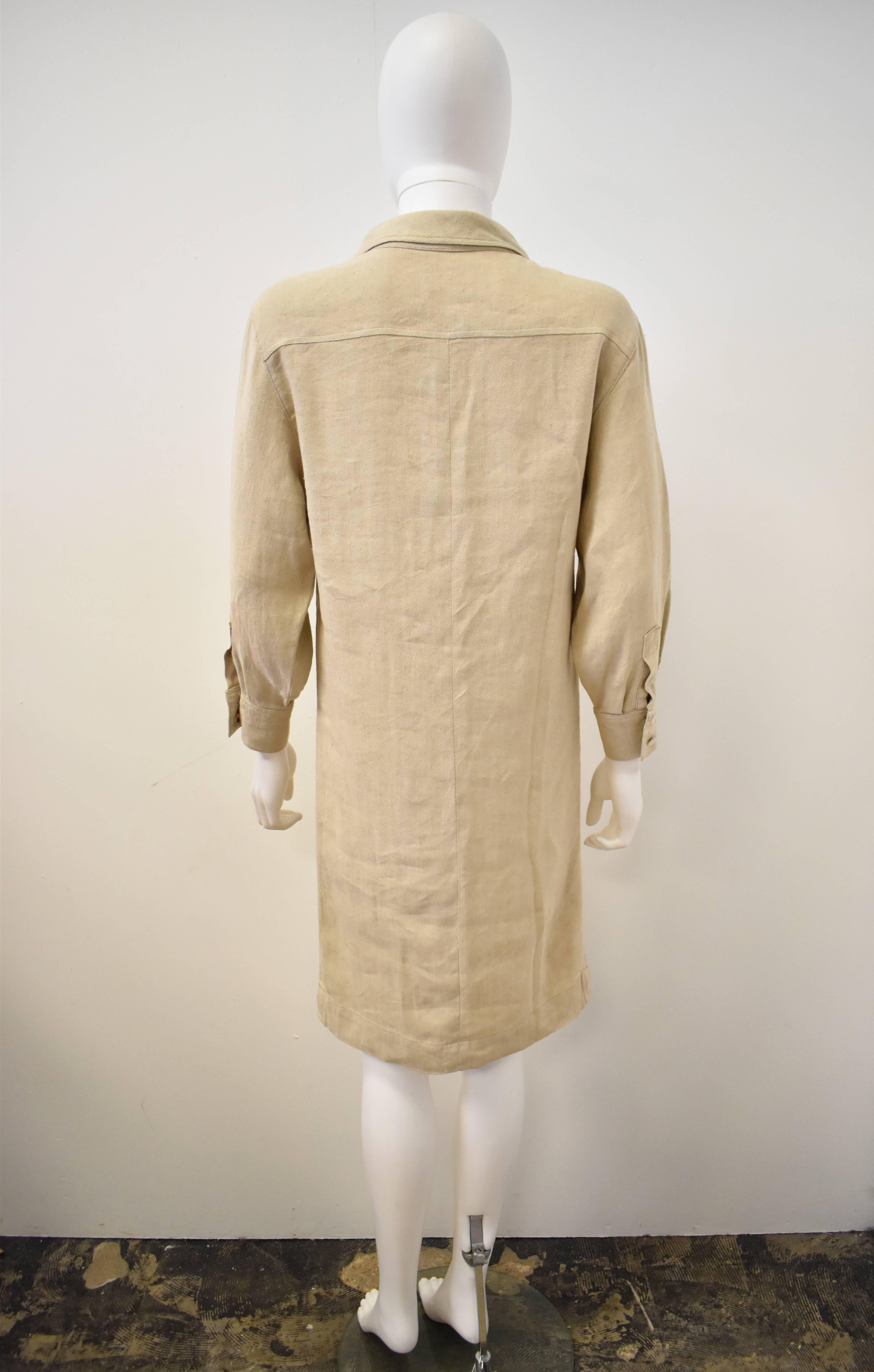 Chanel Beige Linen and Silk Shirt Dress In Excellent Condition In London, GB