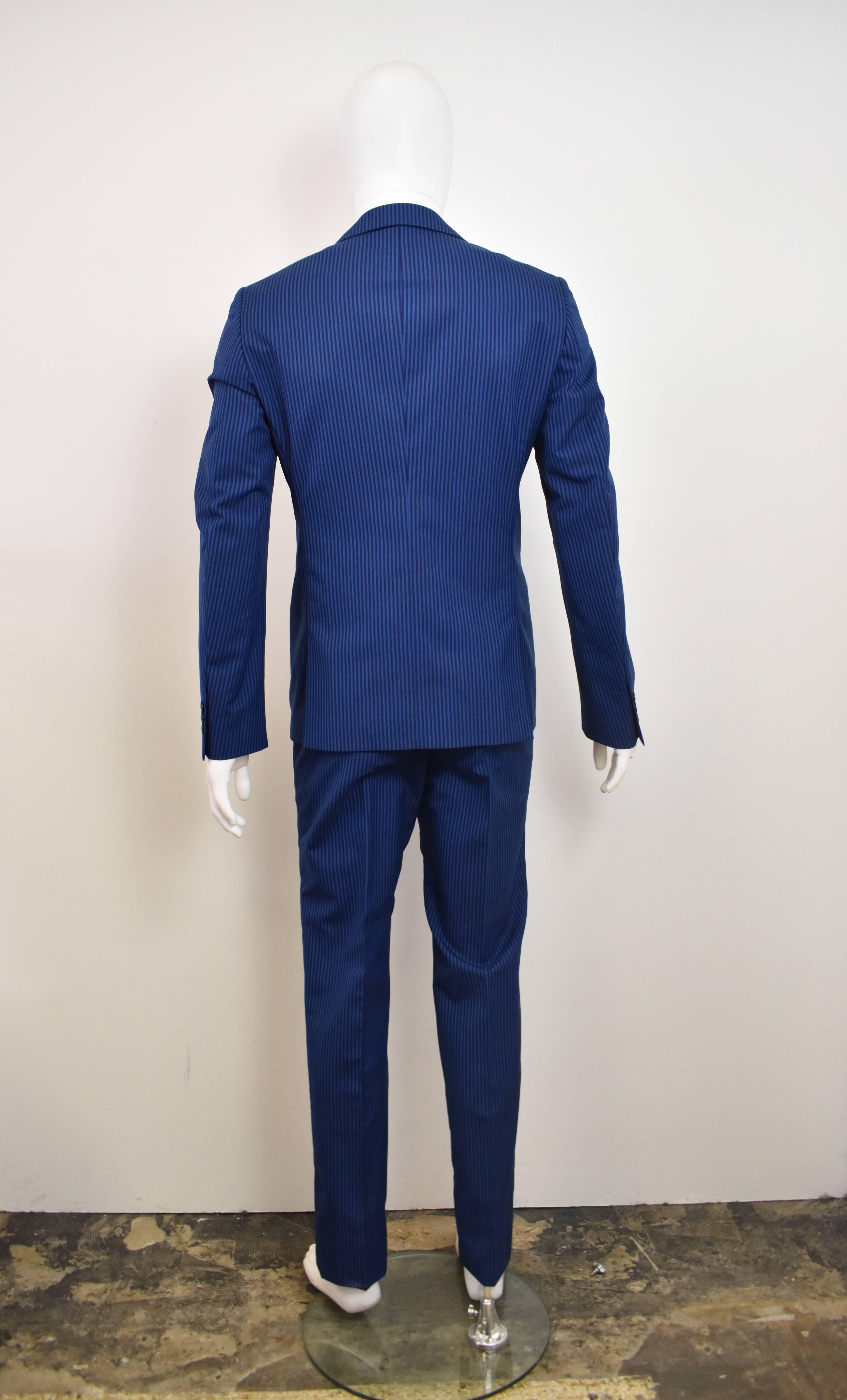 Alexander McQueen Peacock Blue and Navy Stripe Suit In Excellent Condition In London, GB