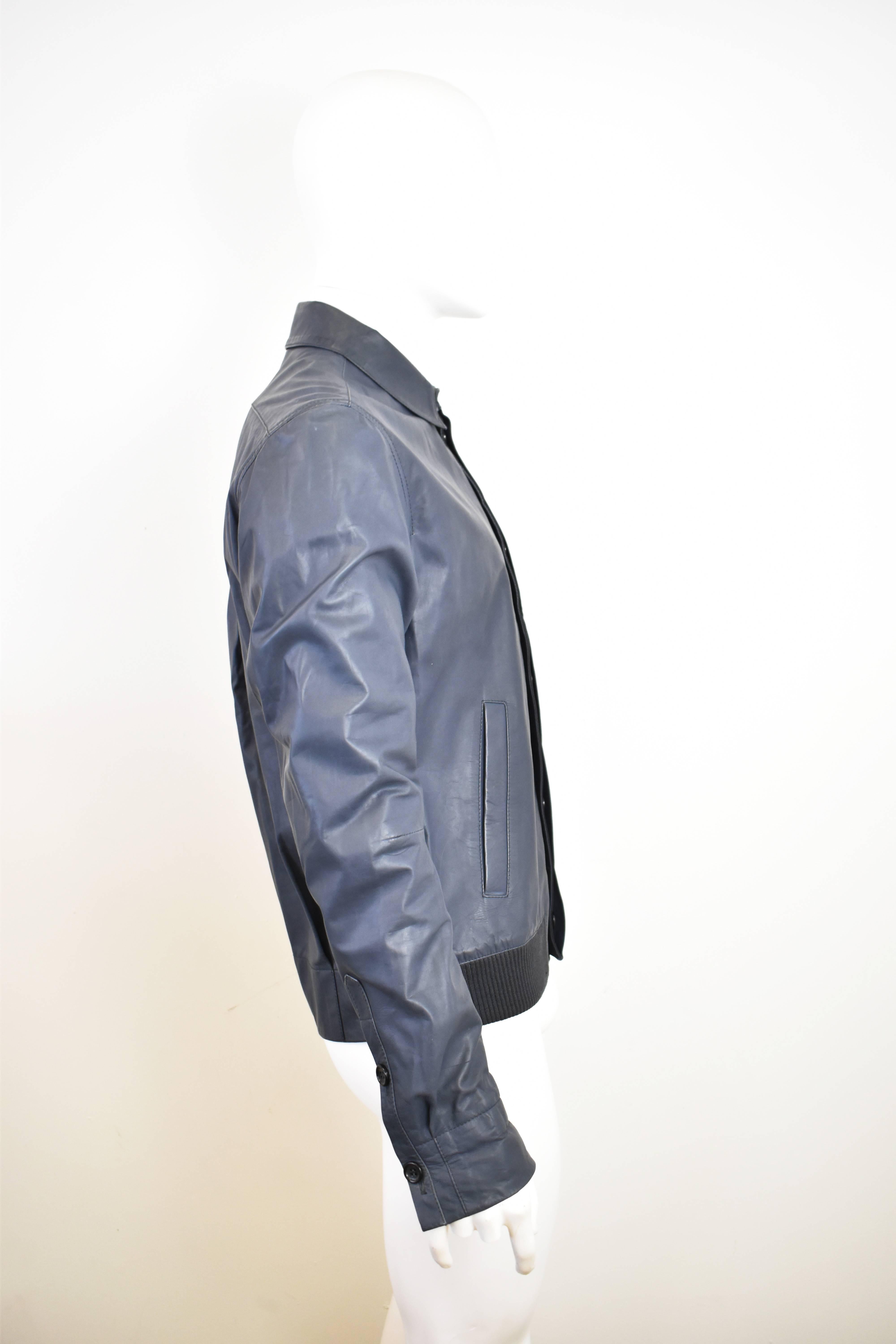 Gray Alexander McQueen Blue Leather Button Up Jacket