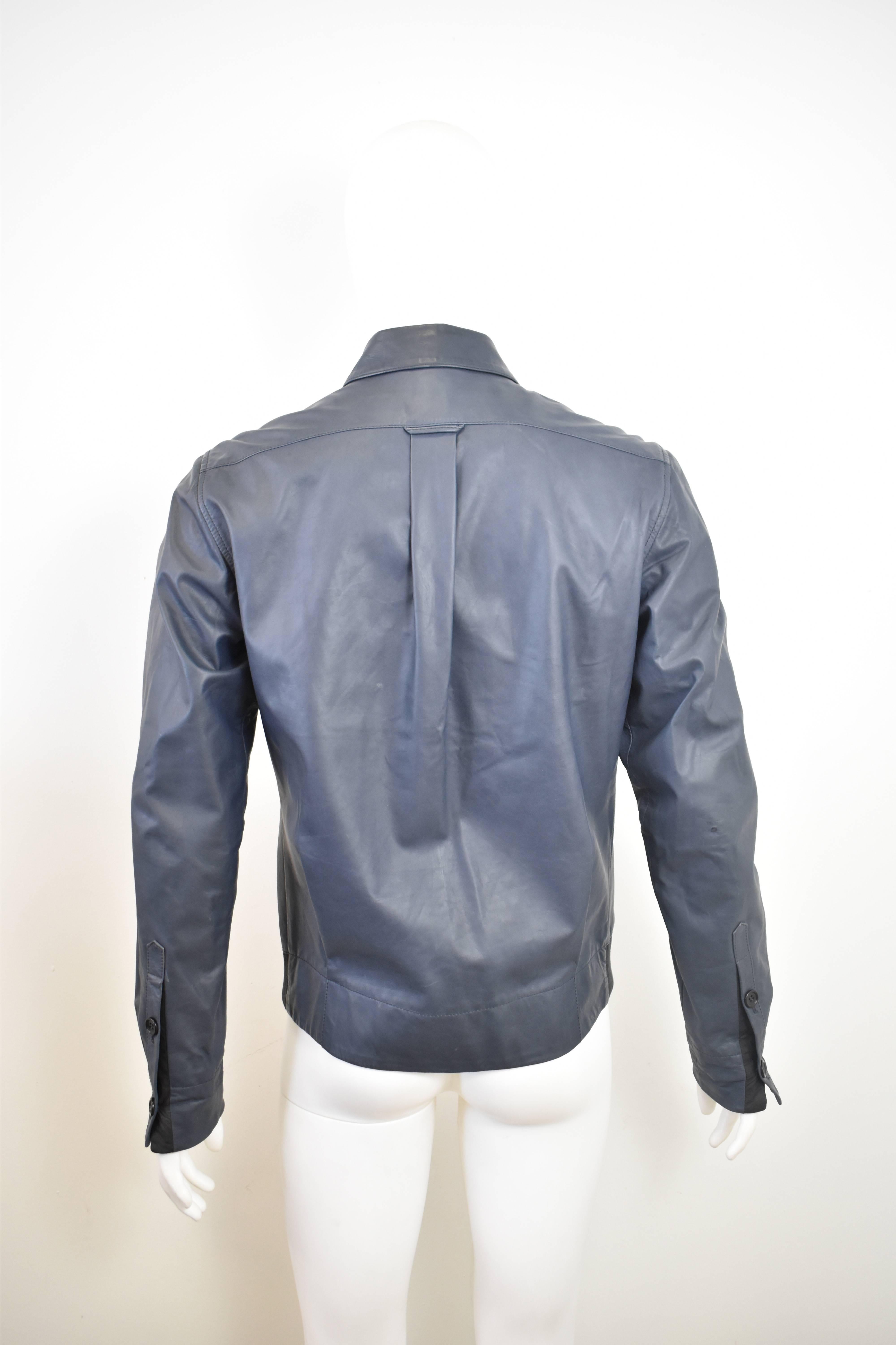 Alexander McQueen Blue Leather Button Up Jacket In Good Condition In London, GB