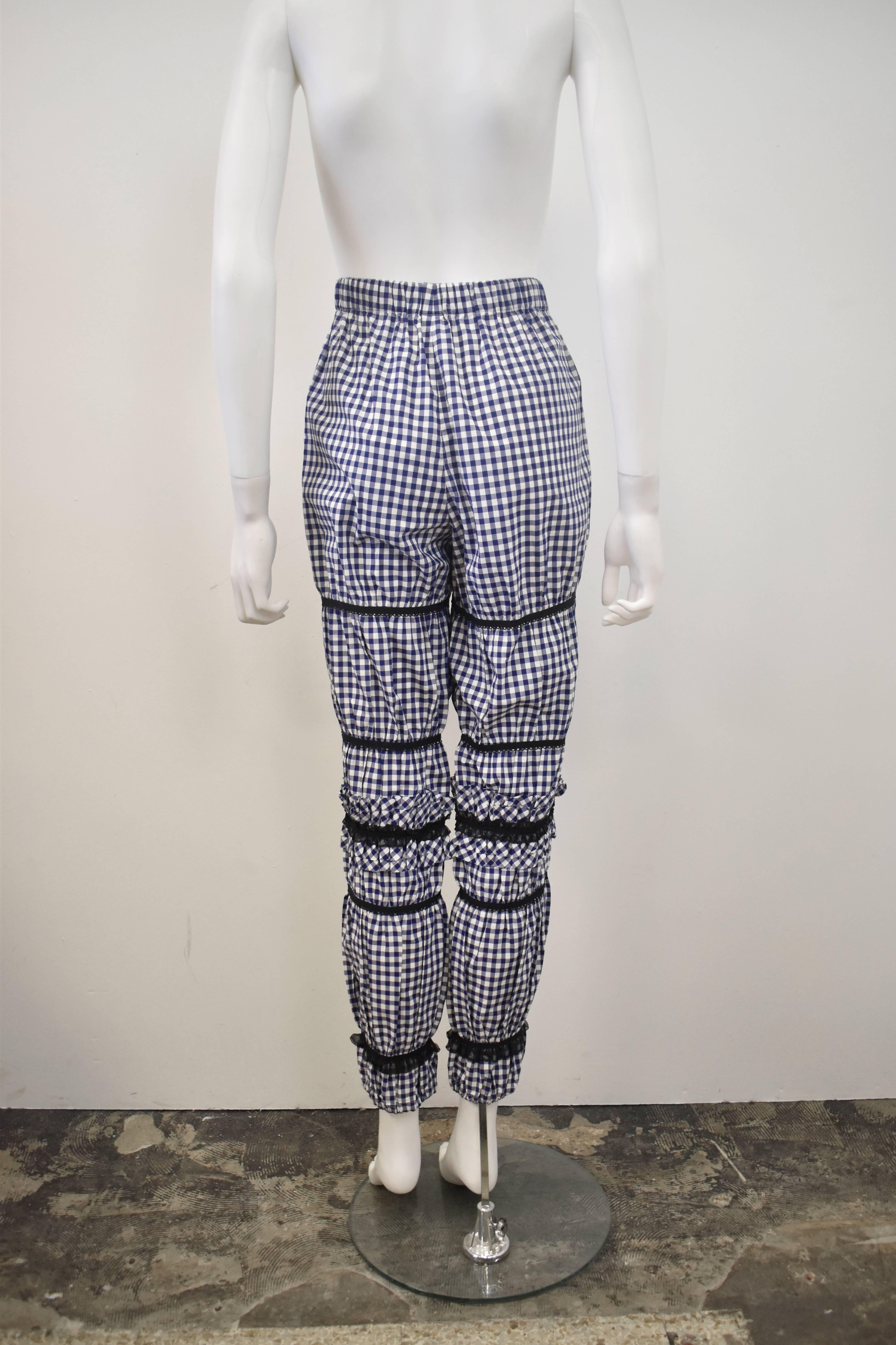 Gray Comme des Garcons Blue and White Gingham Check with Ruffle Lace Details Trousers For Sale