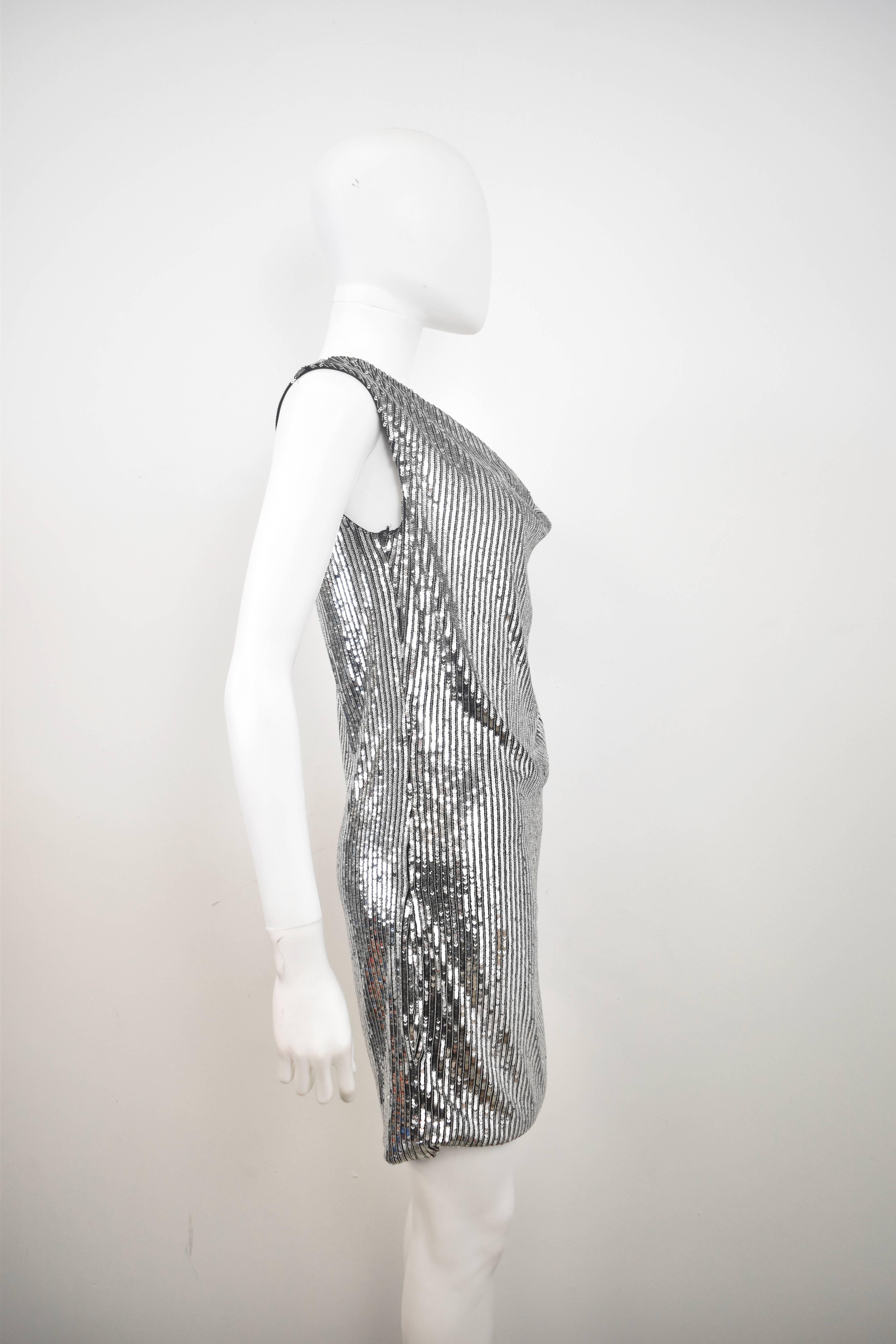 Saint Laurent Hedi Slimane Silver Silk Sequin and Beaded Mini Dress 2015 In New Condition In London, GB