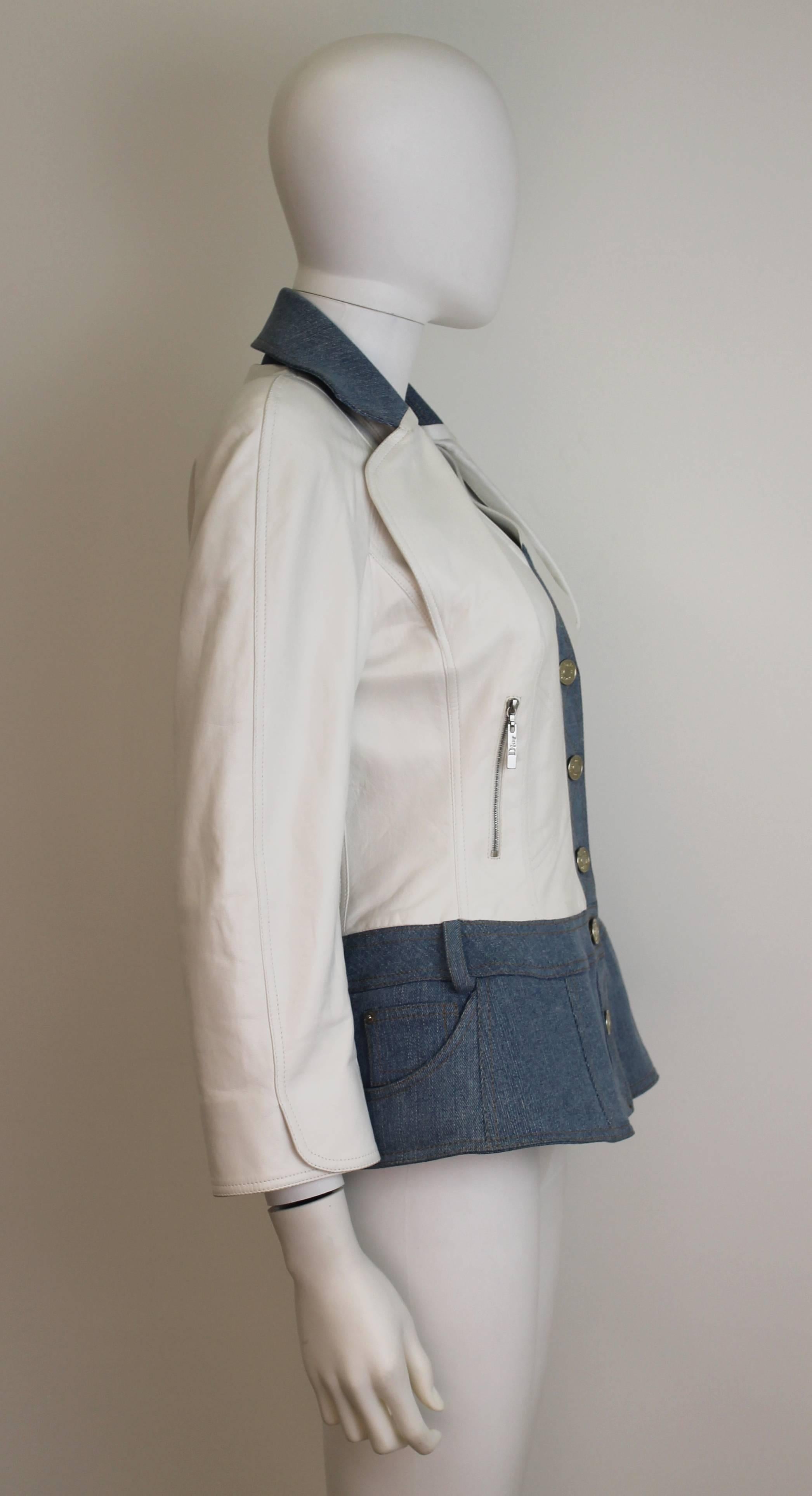 Christian Dior white leather jacket from SS 2005 collection. Features denim padded peplum, small shoulder pads and 