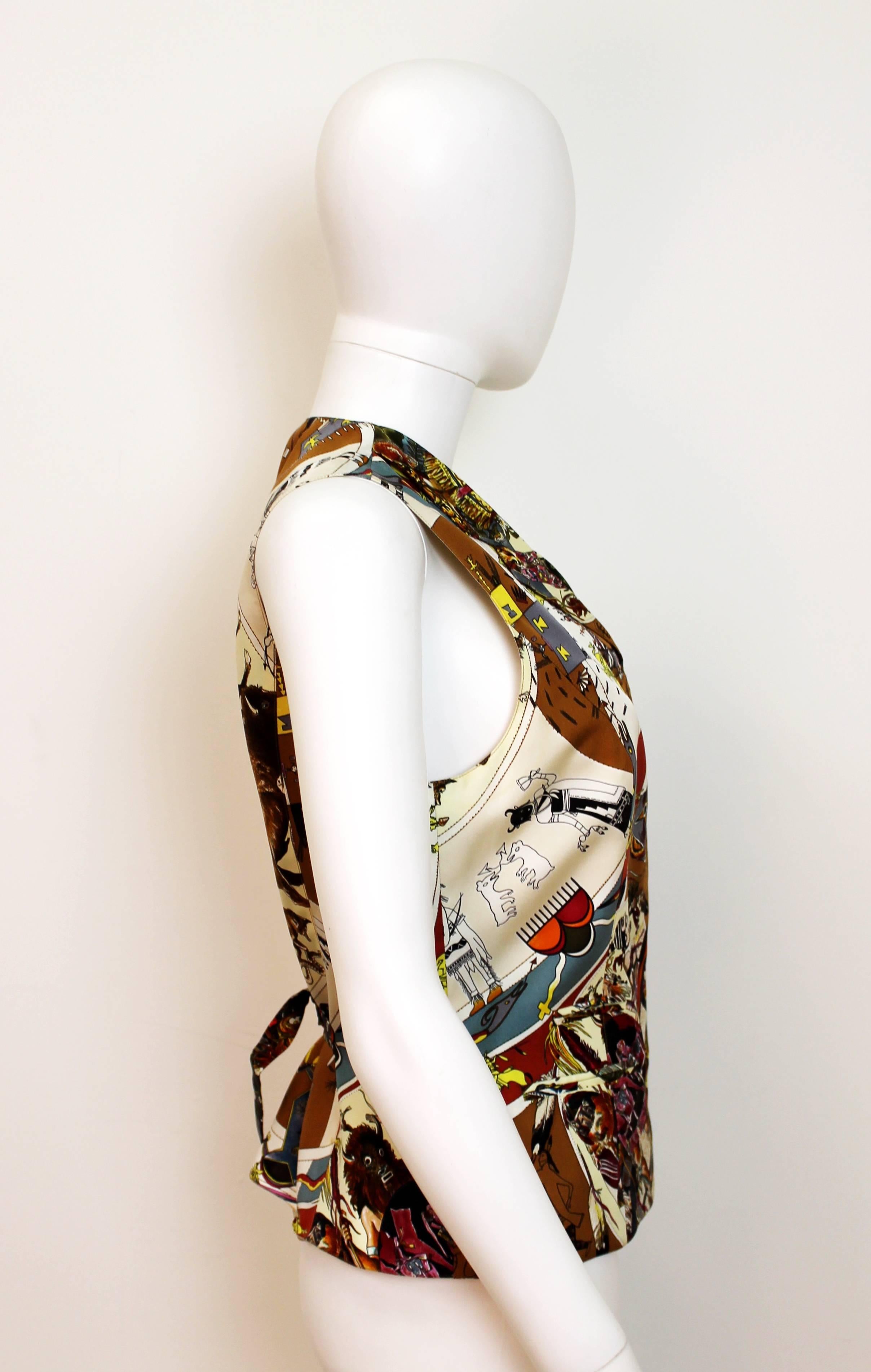 Brown 1980's Hermes Silk Native-American Print Waistcoat
