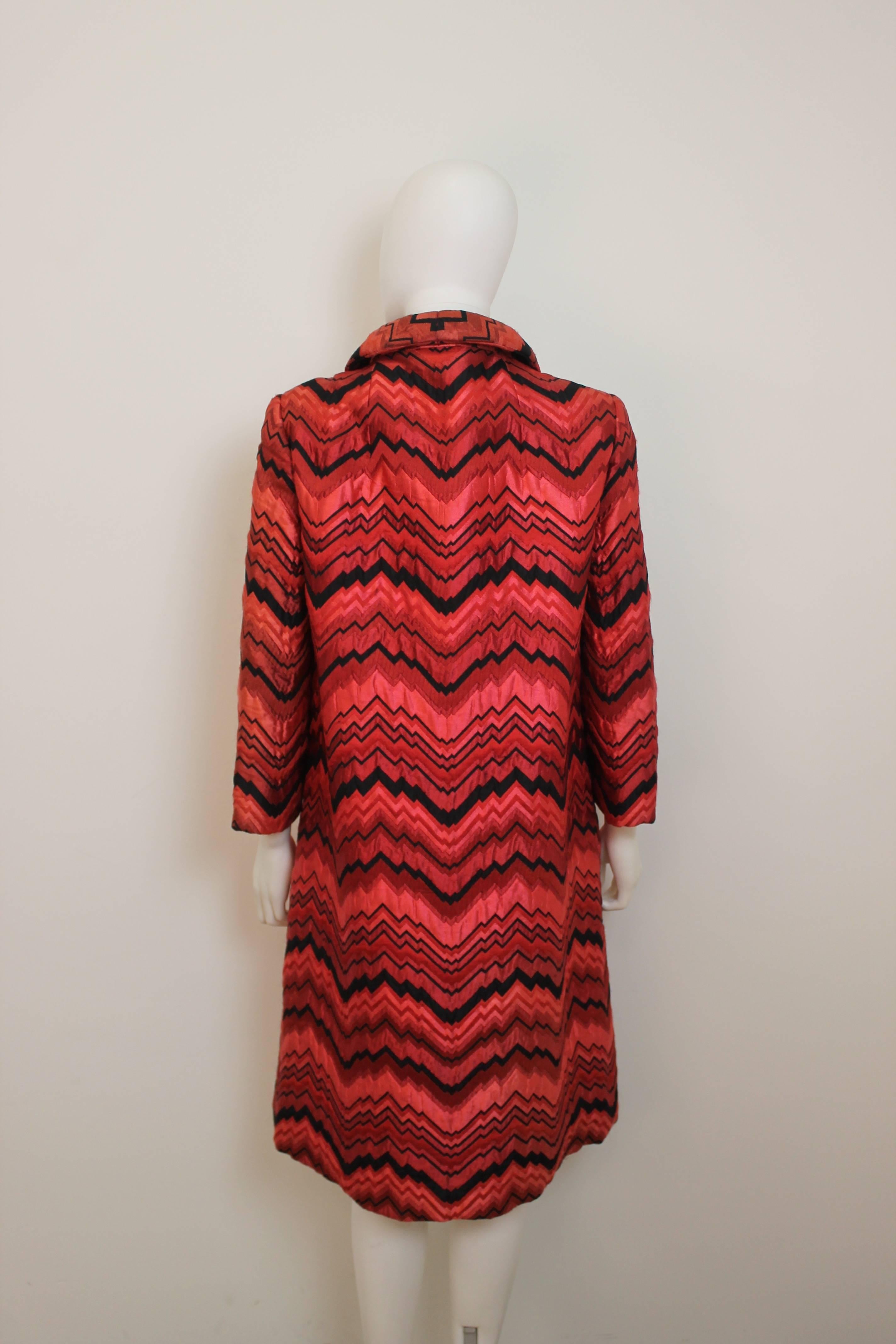 Red 1960's Christian Dior New York Brocade Zig-Zag Coat