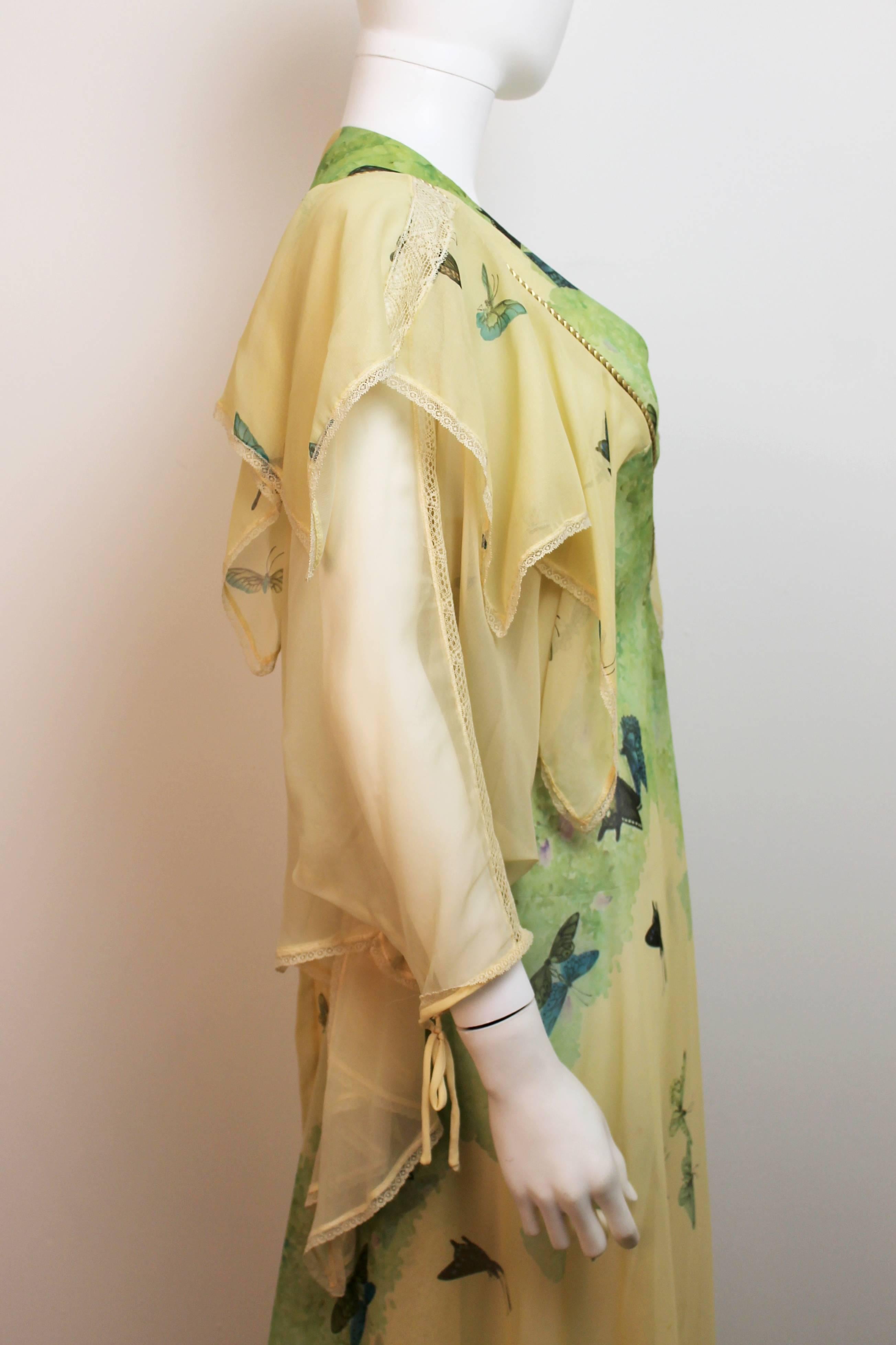 Women's Marisa Martin Yellow and Green Butterfly Print Dress c.1970