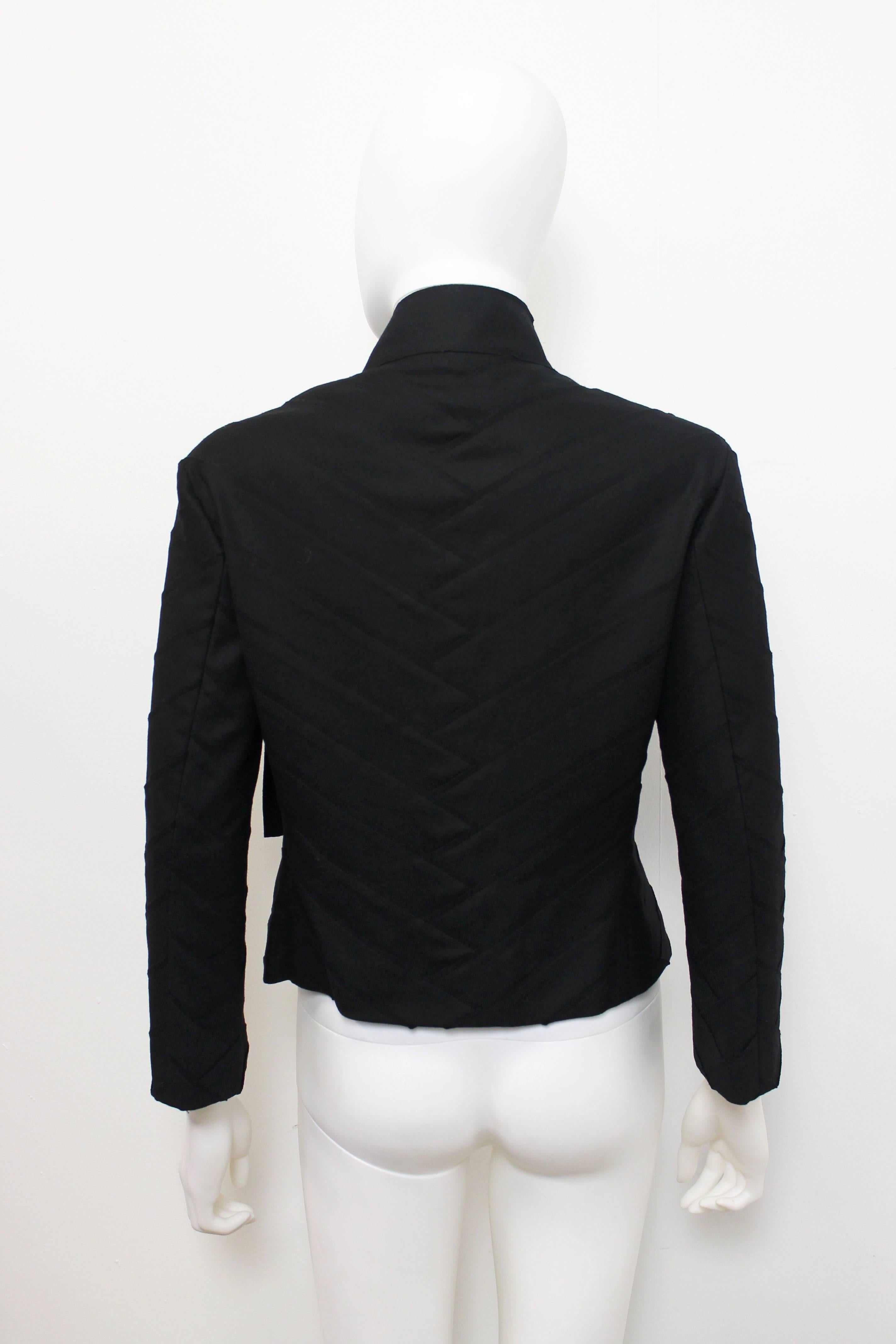 Black Issey Miyake Chevron Panel Fitted Jacket With Asymmetric Tie Neckline c.2000