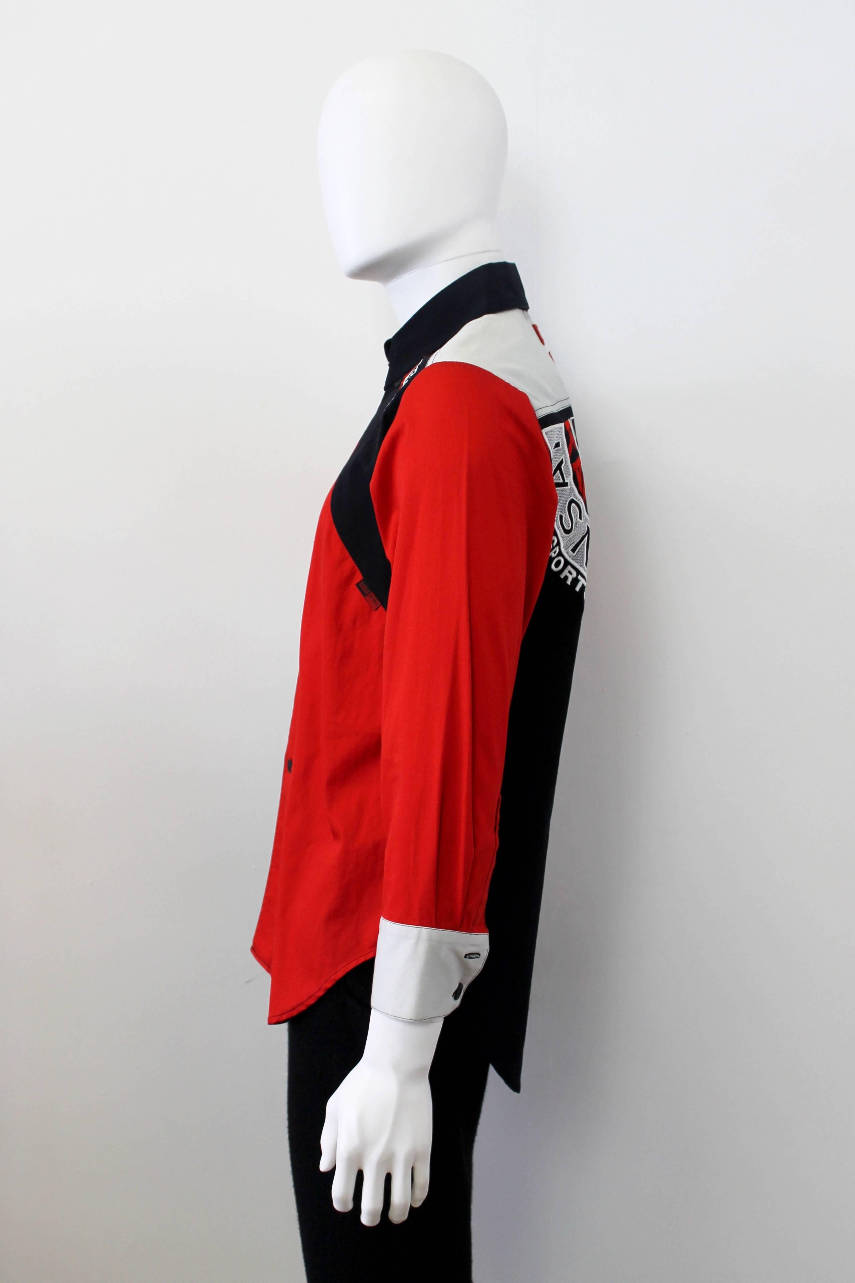 Red c. 1990 Kansai Yamamoto Geometric Panelled Mens Colour Block Embroided Shirt  For Sale
