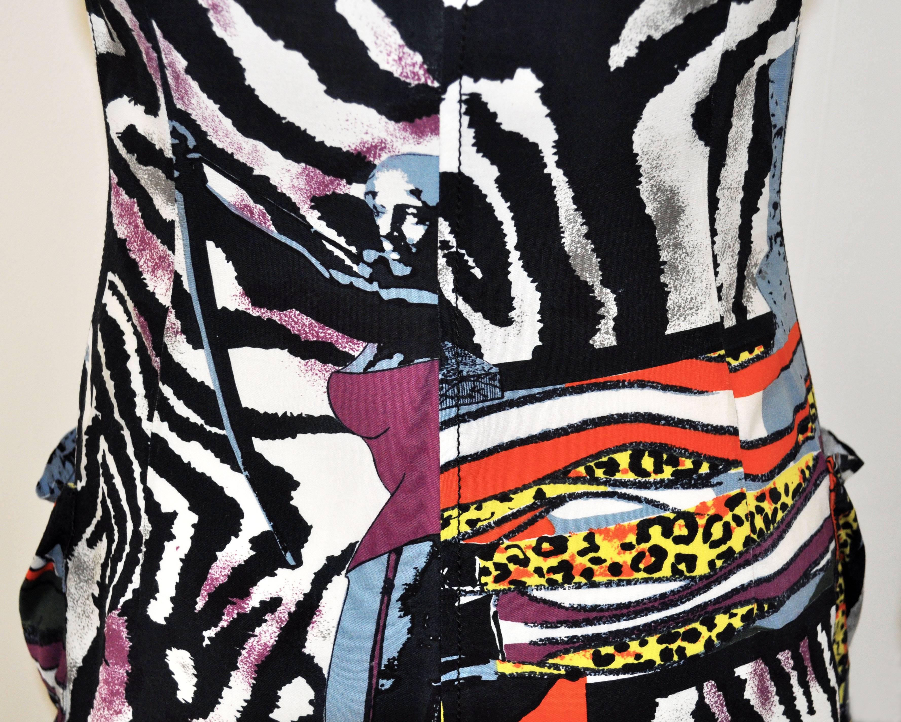 1990’s Junior by Jean Paul Gaultier light Summer dress with camisole straps and button down front. The multicoloured mixed print fabric features zebra print, cheetah print, and drawn figures in Jean Paul Gaultier’s signature humorous and surreal