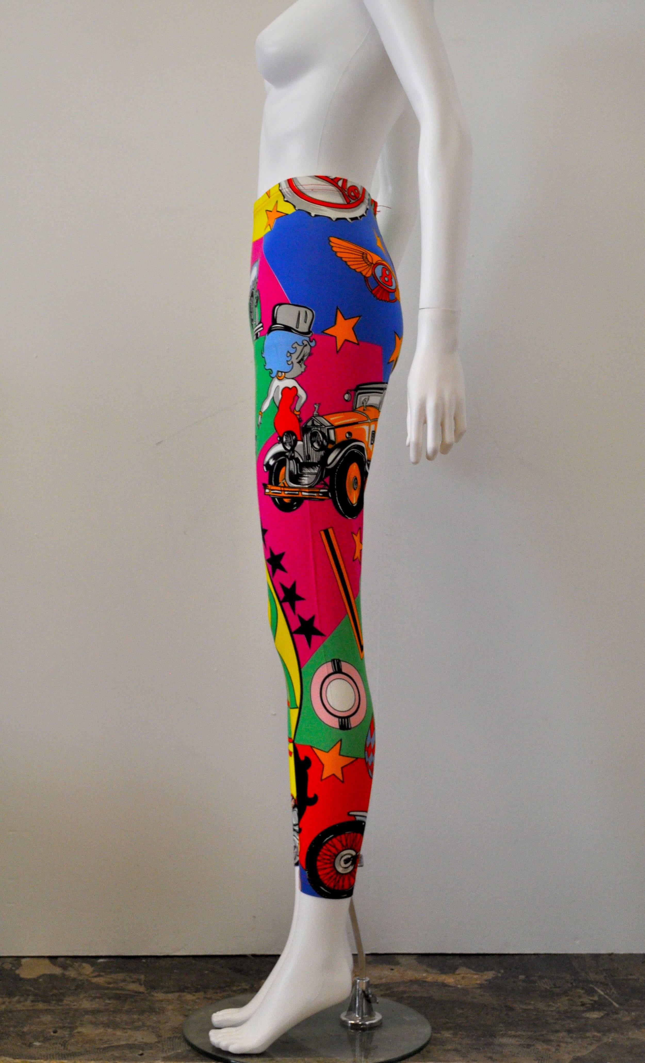 1991 Gianni Versace Betty Boop Colour Block High Waisted Print Leggings In Excellent Condition In London, GB