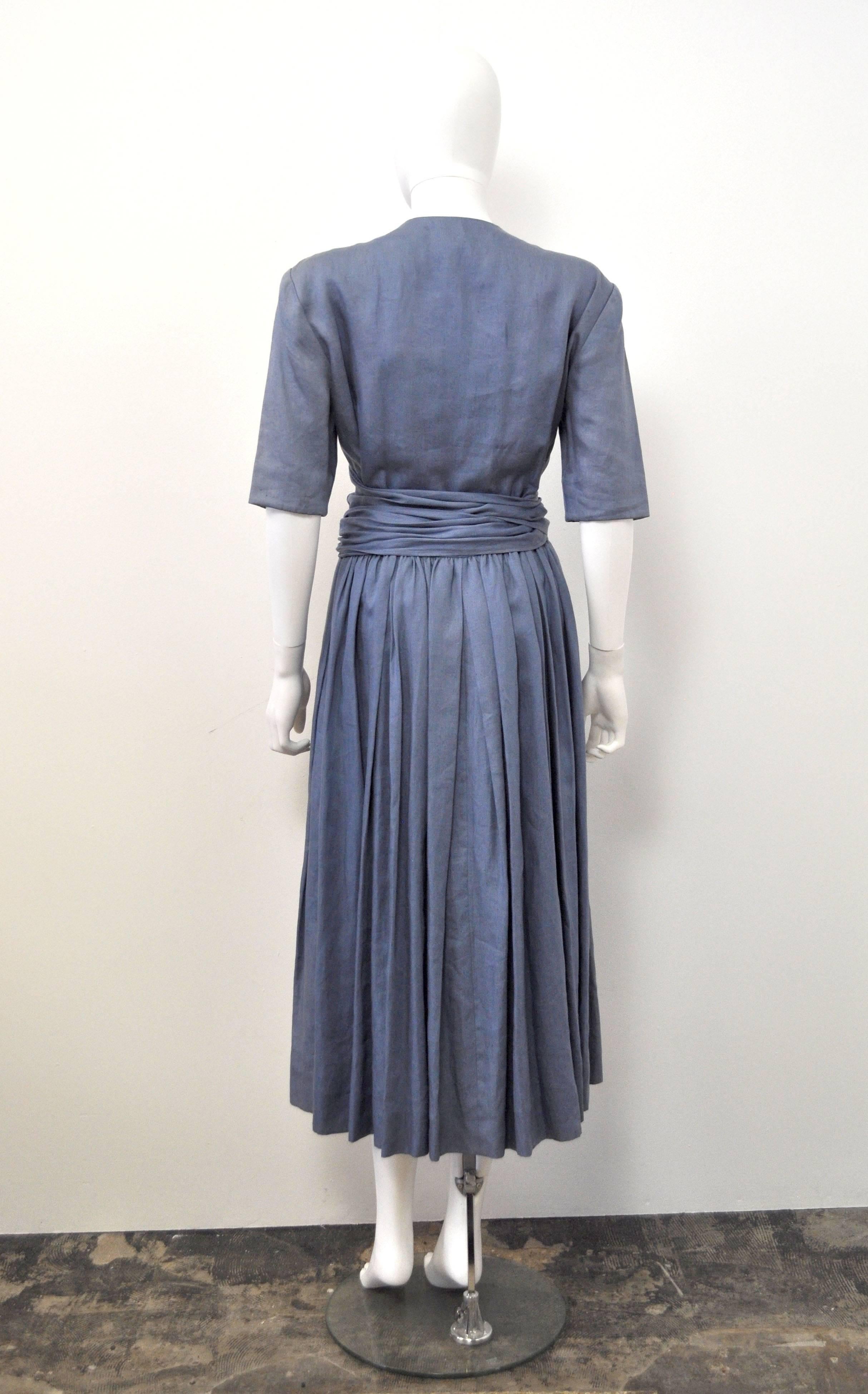 Gray c.1980 Hermes Linen Light Blue Tea Dress with Wrap Belt 