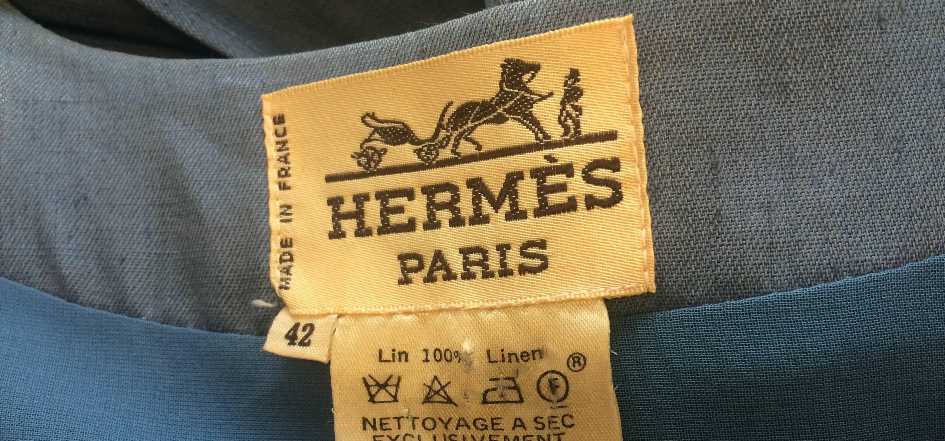 c.1980 Hermes Linen Light Blue Tea Dress with Wrap Belt  In Good Condition In London, GB