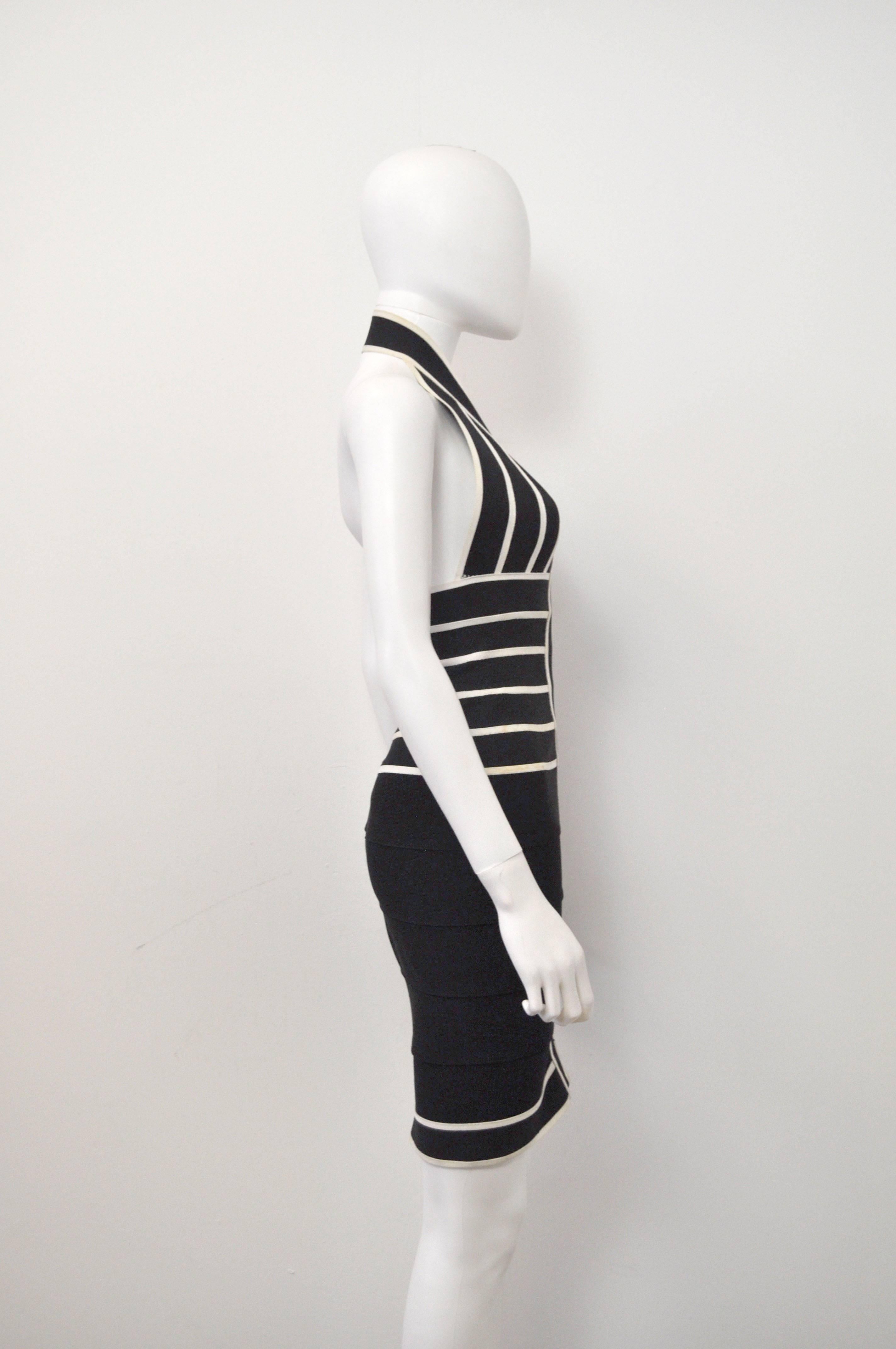 Black 1990s Herve Leger Couture sexy black and white bandage halter-neck dress