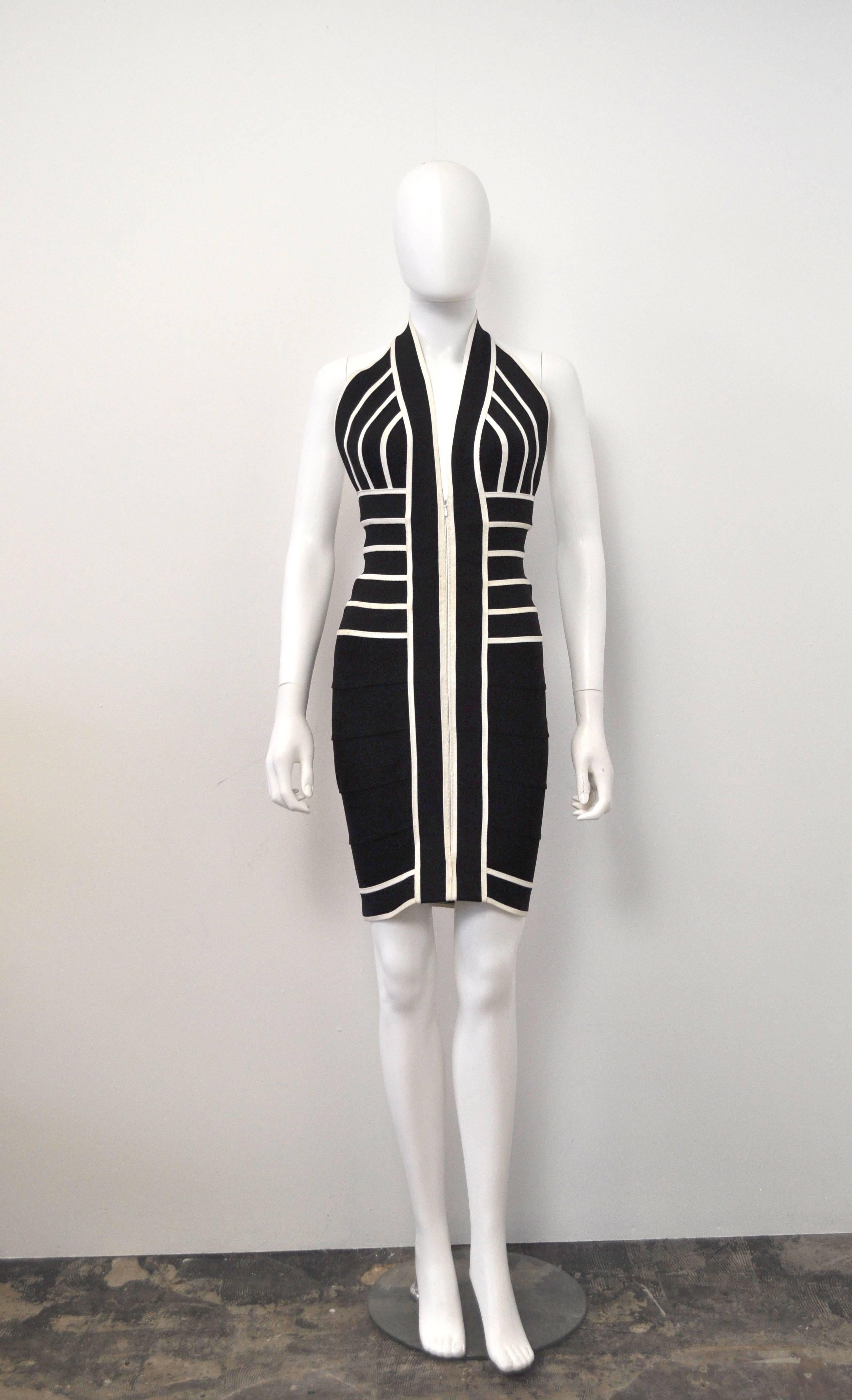 Women's 1990s Herve Leger Couture sexy black and white bandage halter-neck dress